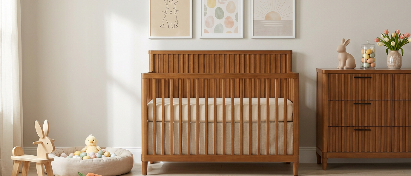 Minimalist pastel nursery with a wooden crib, Easter-themed decor, and soft Scandinavian interior design