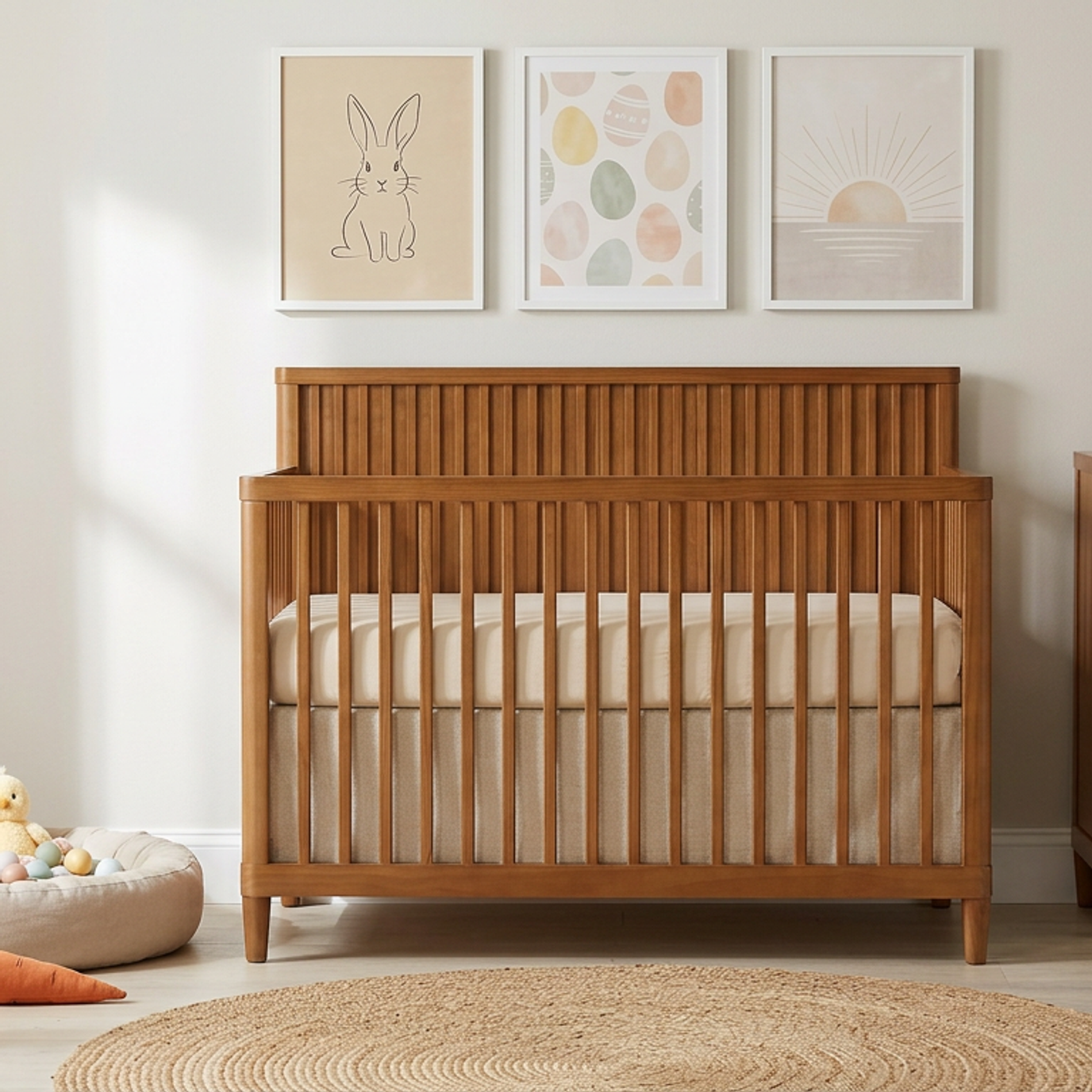 Minimalist pastel nursery with a wooden crib, Easter-themed decor, and soft Scandinavian interior design