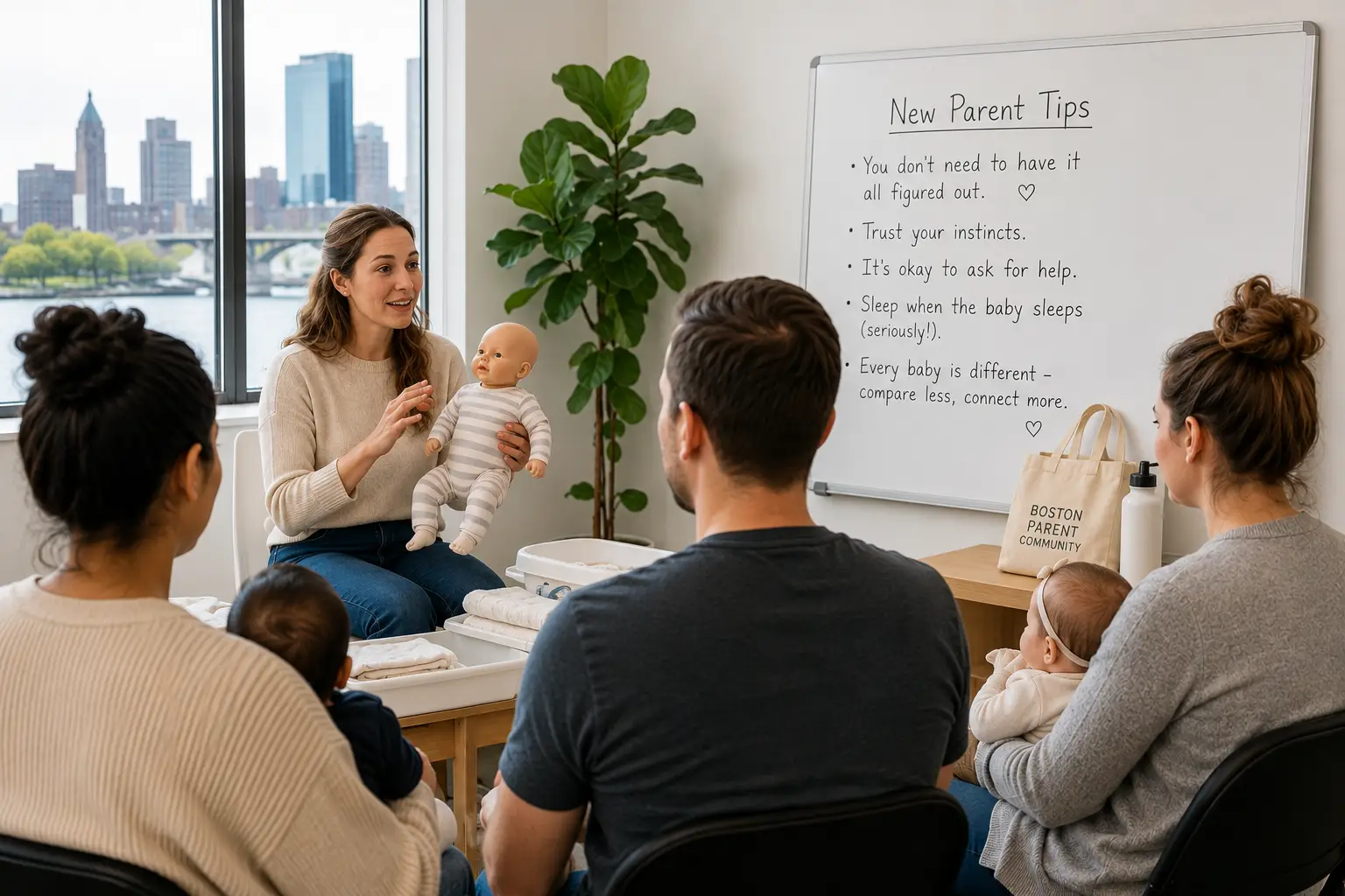 An instructor demonstrates baby care with a doll to two couples holding their infants during a new parent class, with "New Parent Tips" on a whiteboard.