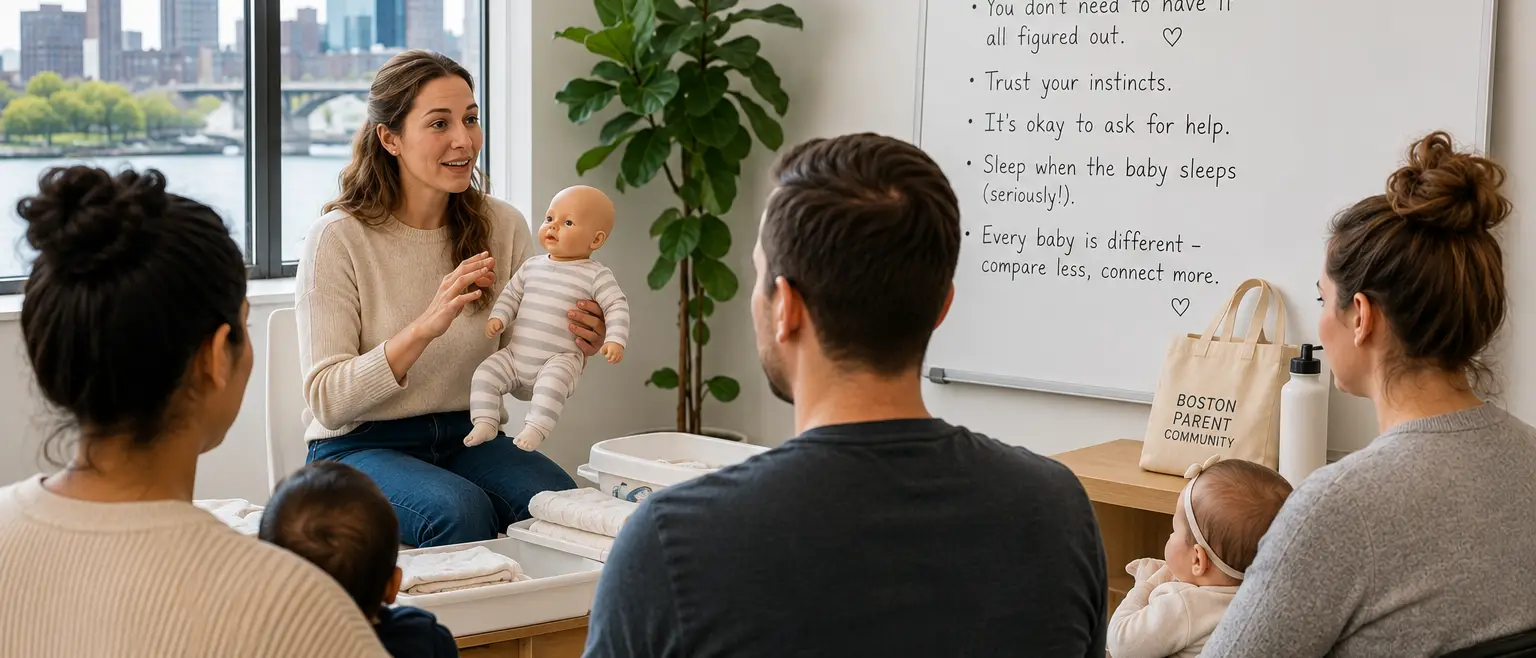An instructor demonstrates baby care with a doll to two couples holding their infants during a new parent class, with "New Parent Tips" on a whiteboard.