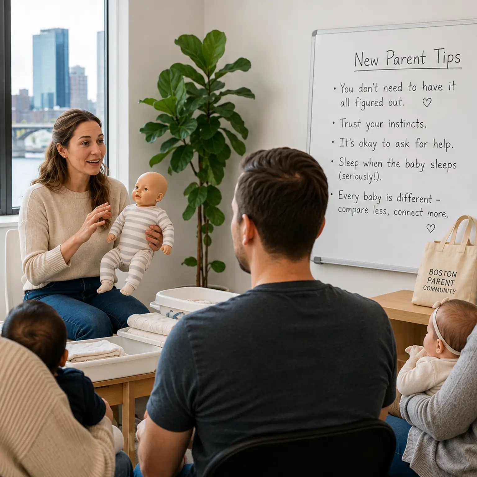 An instructor demonstrates baby care with a doll to two couples holding their infants during a new parent class, with "New Parent Tips" on a whiteboard.