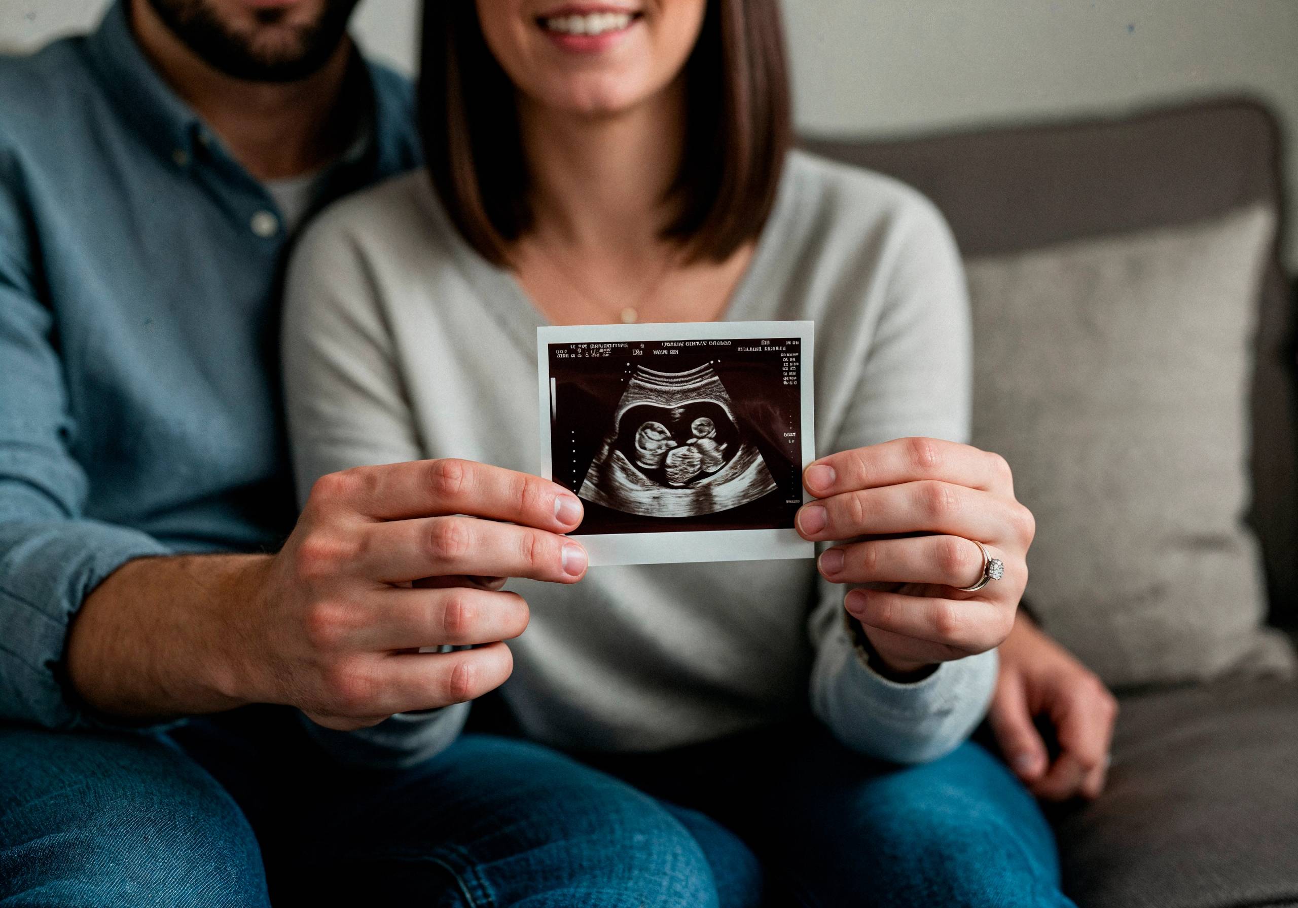 Pregnant couple holding twin baby ultrasound photo at 8 weeks, early pregnancy announcement idea