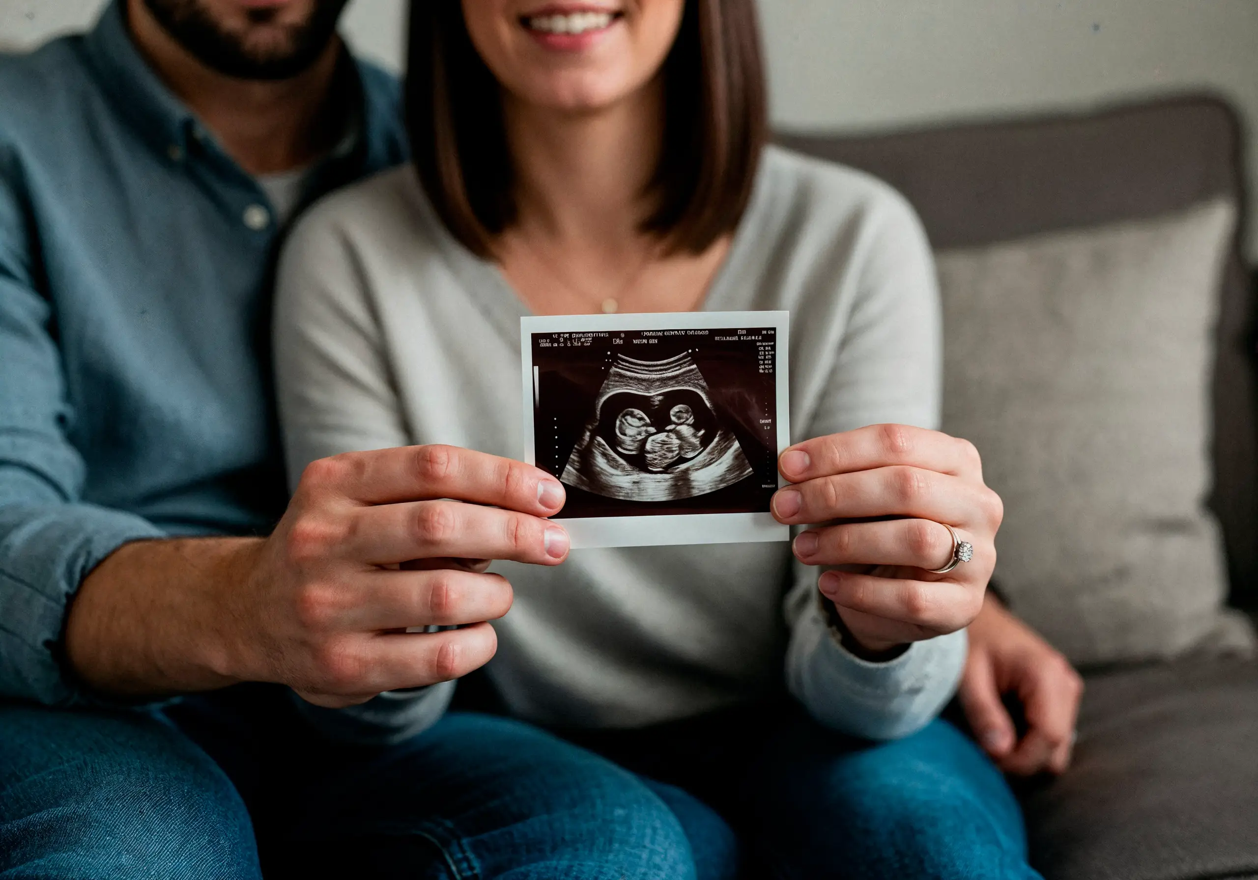 Pregnant couple holding twin baby ultrasound photo at 8 weeks, early pregnancy announcement idea