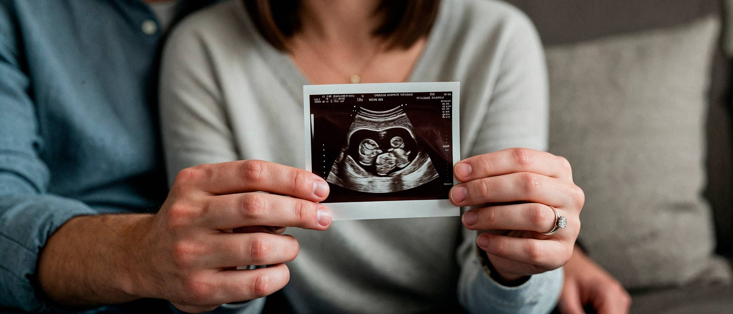 Pregnant couple holding twin baby ultrasound photo at 8 weeks, early pregnancy announcement idea