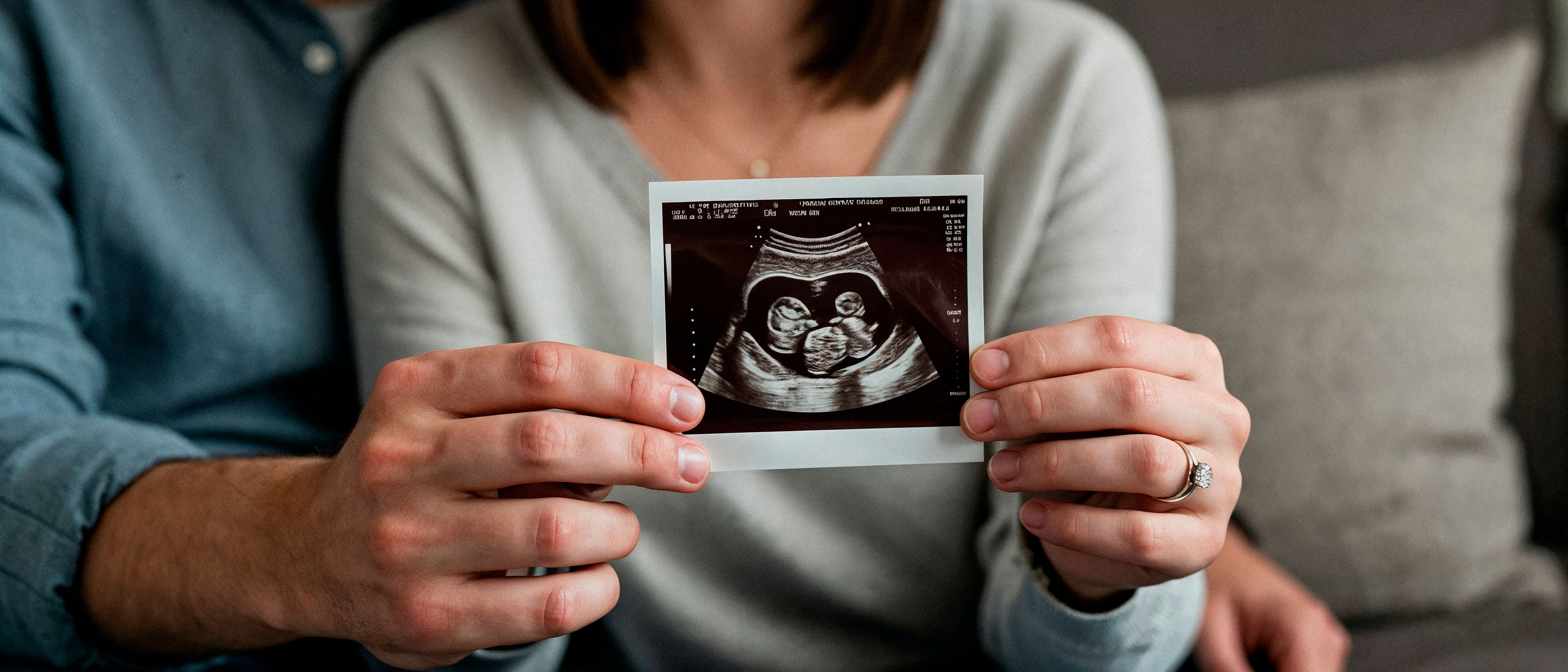 Pregnant couple holding twin baby ultrasound photo at 8 weeks, early pregnancy announcement idea