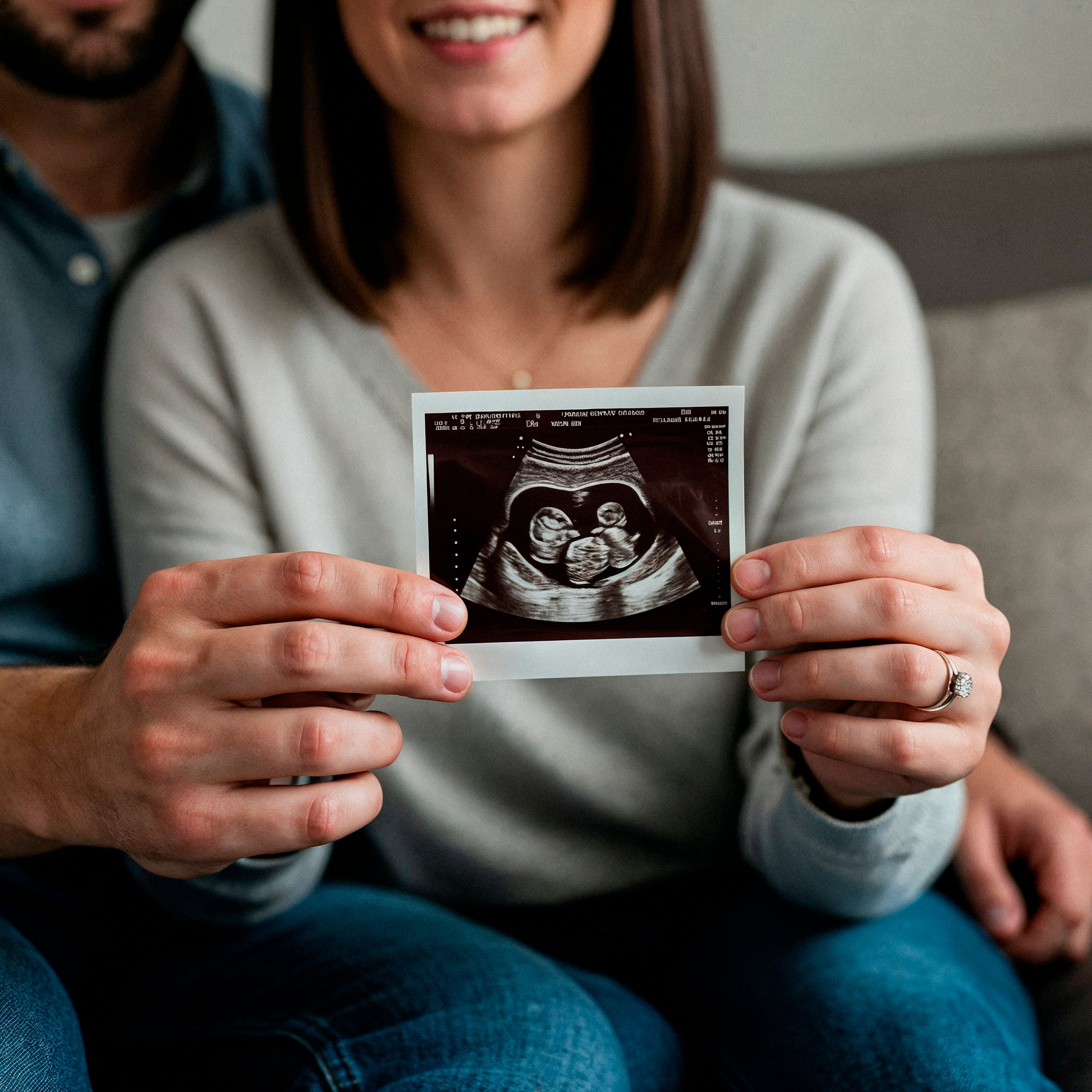 Pregnant couple holding twin baby ultrasound photo at 8 weeks, early pregnancy announcement idea