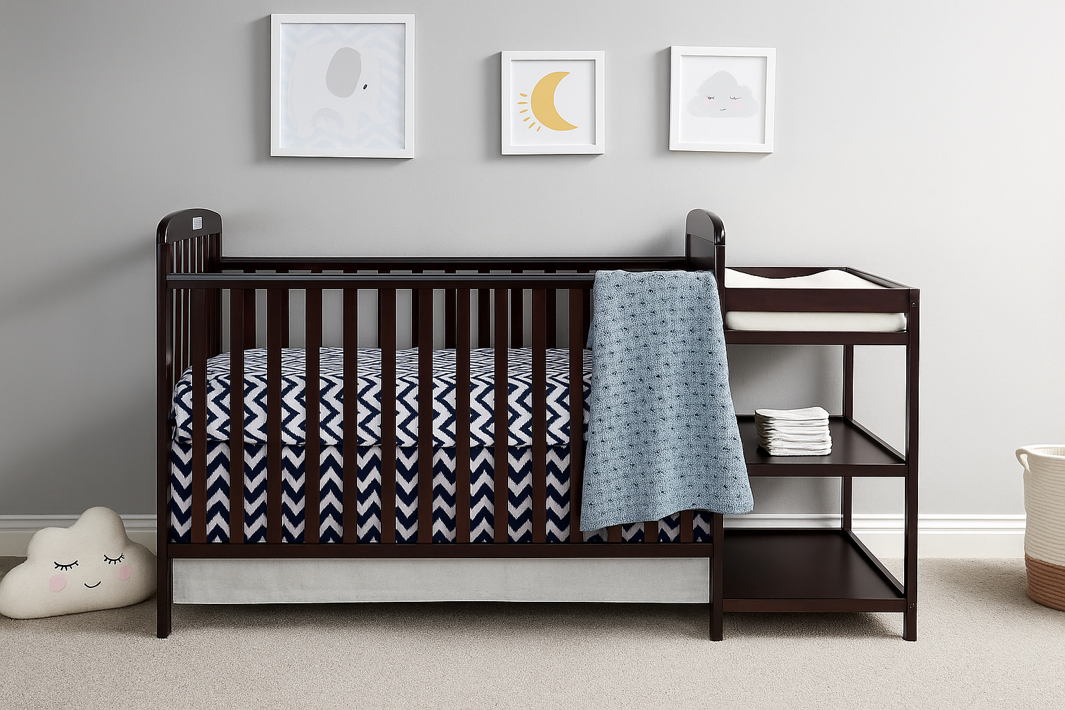 Dream On Me Anna 4-in-1 Full Size Crib & Changing Table with chevron bedding in a minimalist nursery with soft cloud decor