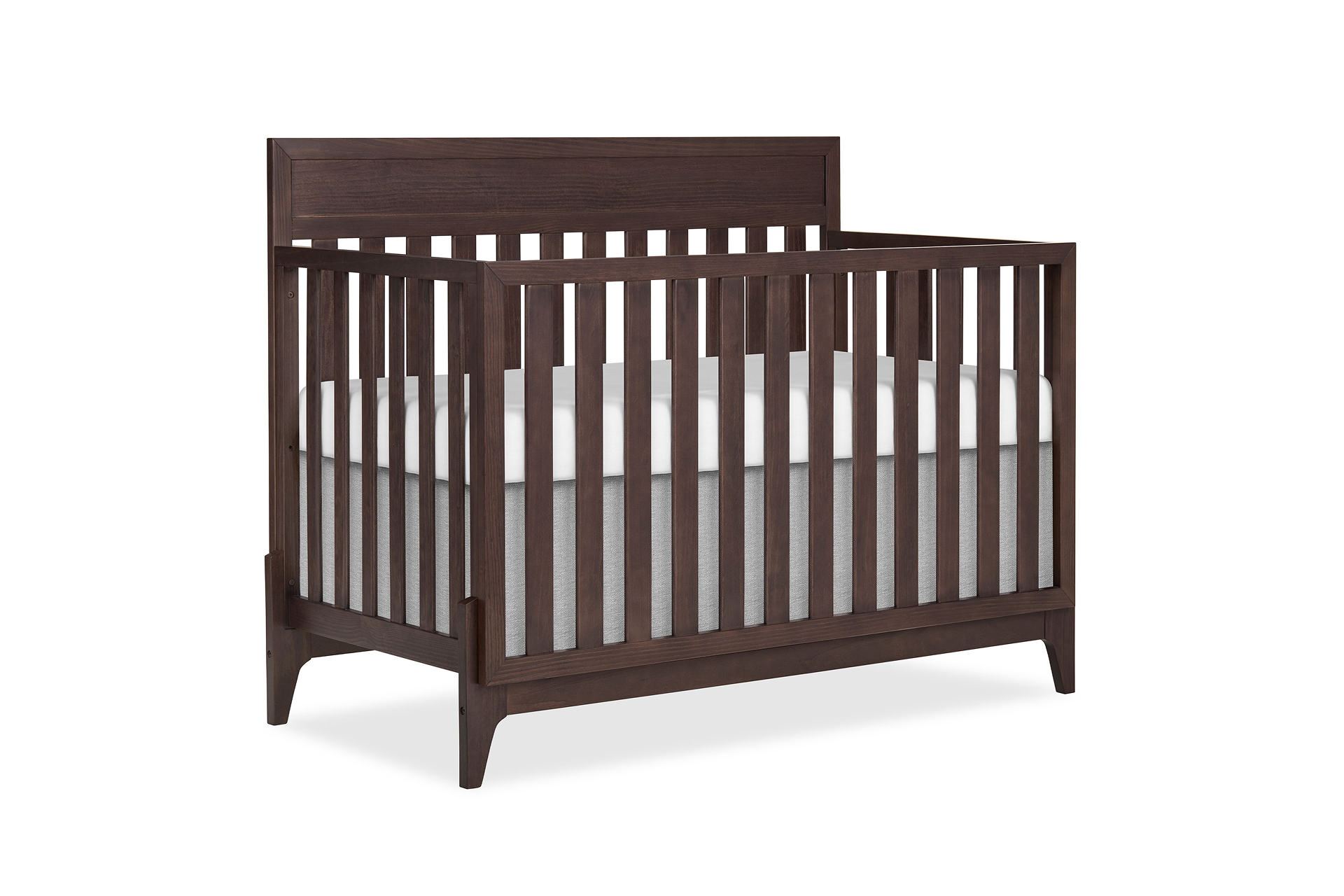 Evolur Atlas crib with a flat headboard and vertical slats, paired with a white mattress