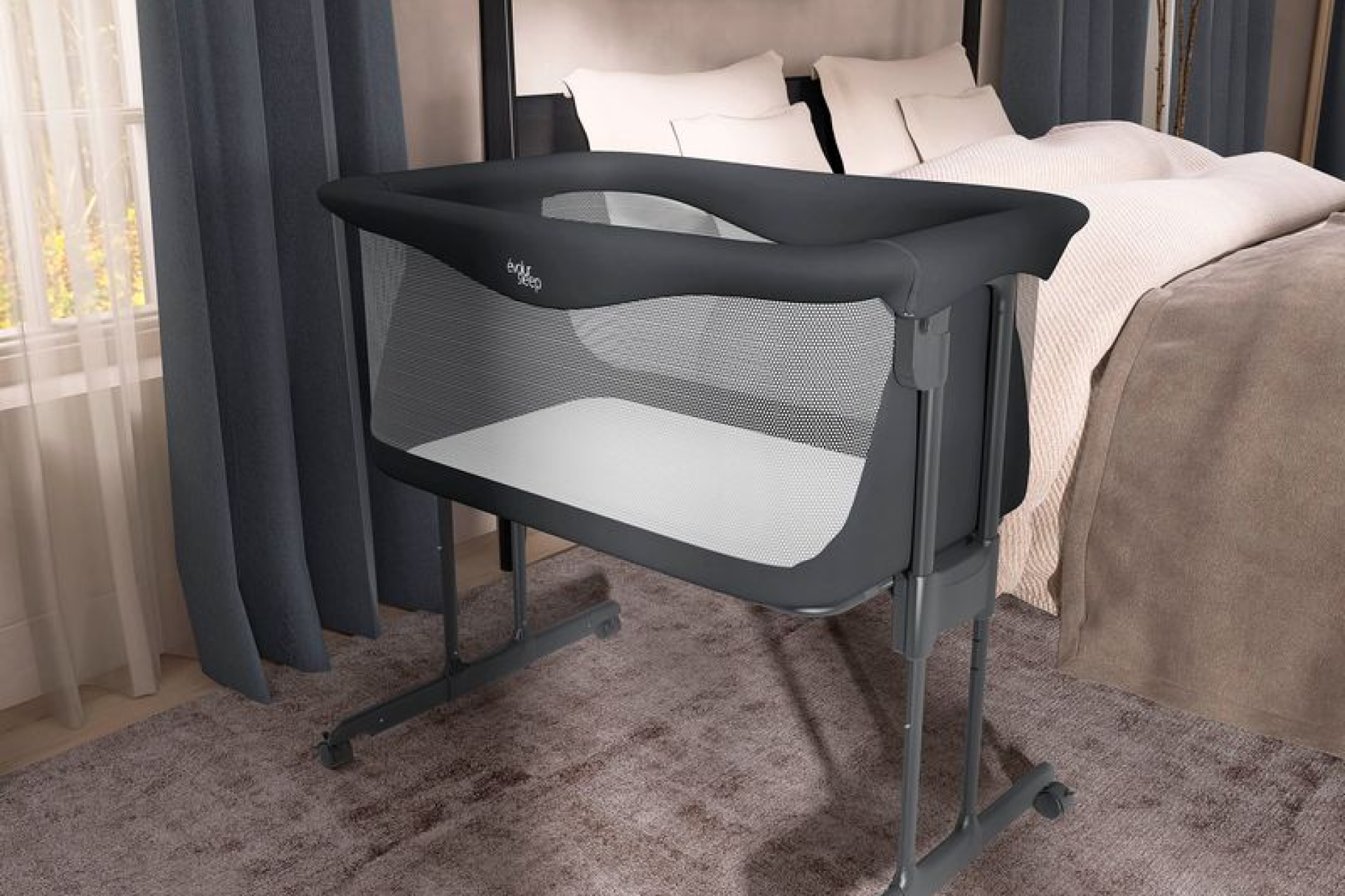 Evolur Kinsley Quickfold Portable Bassinet with wheels, being moved from room to room.