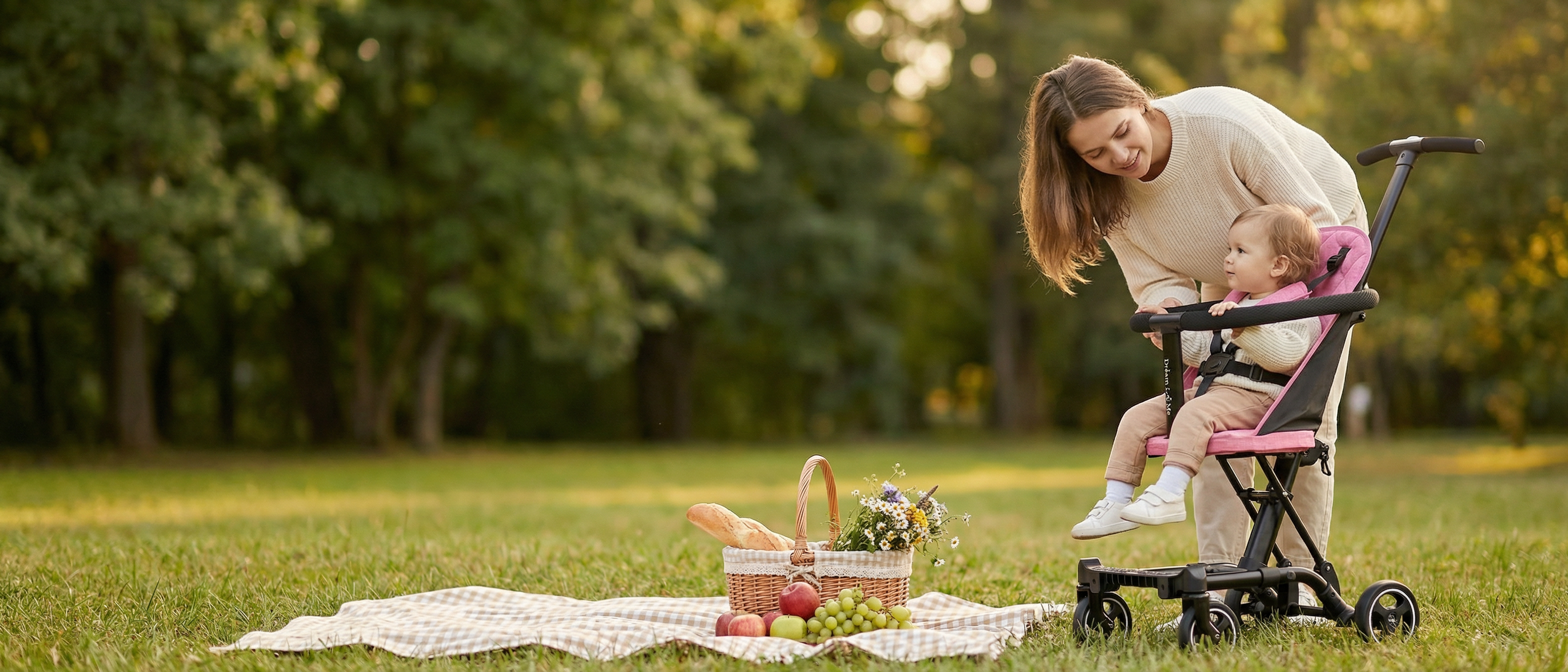 Mother with Baby in Dream On Me Coast Rider stroller during spring picnic with basket and greenery