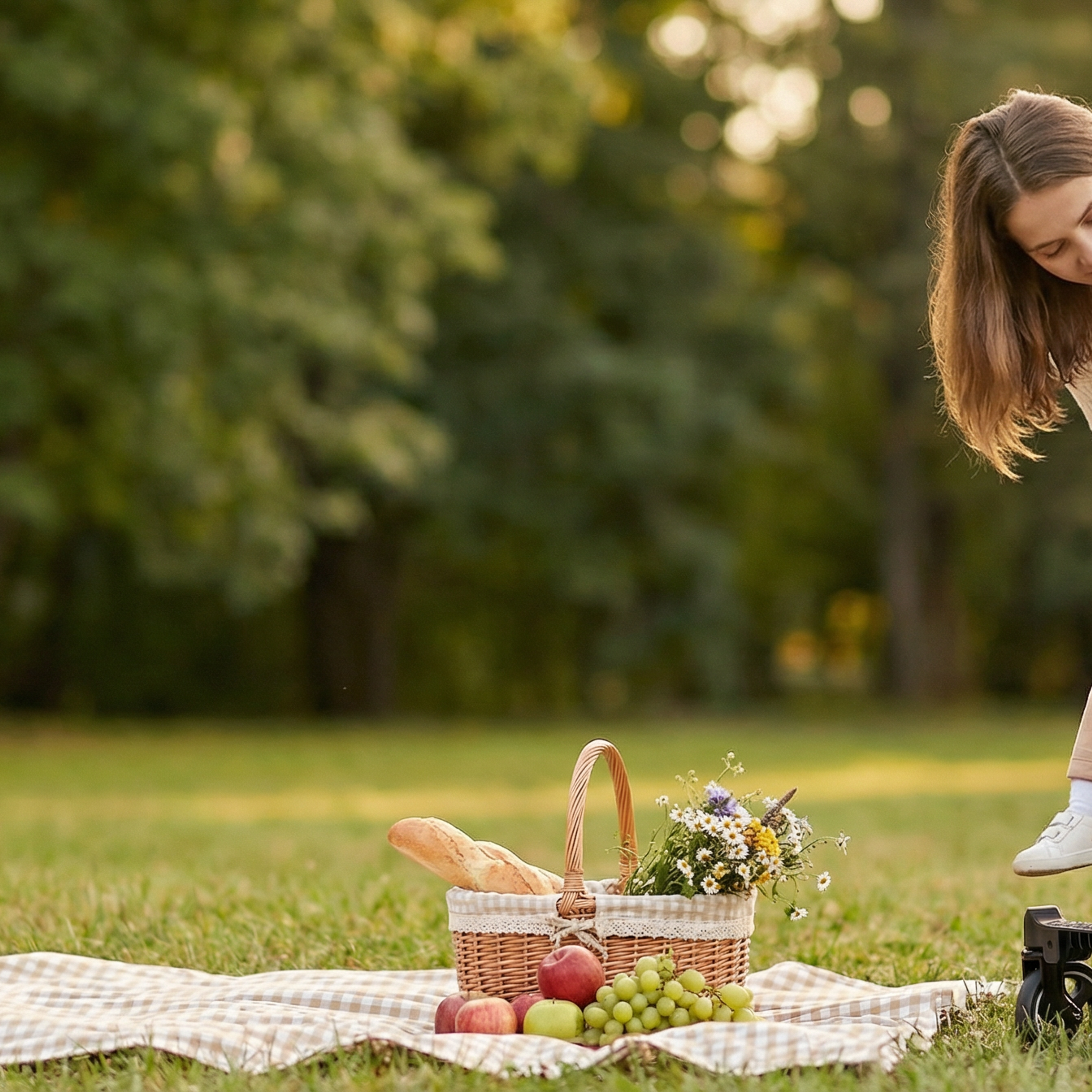 Mother with Baby in Dream On Me Coast Rider stroller during spring picnic with basket and greenery