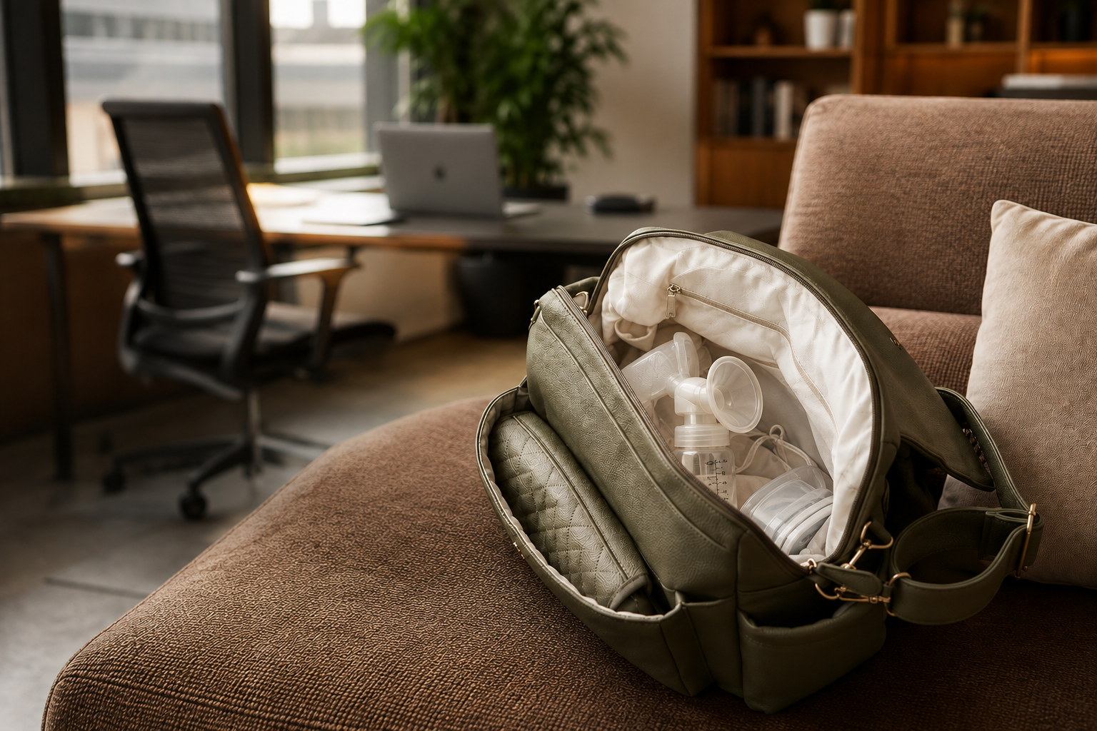 An open olive green bag with a breast pump and bottles sits on a brown couch in an office setting.