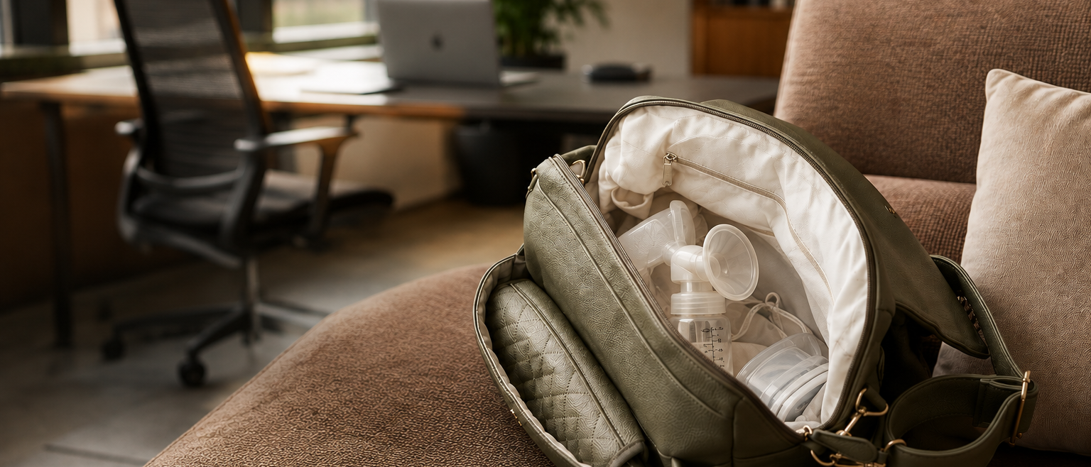 An open olive green bag with a breast pump and bottles sits on a brown couch in an office setting.