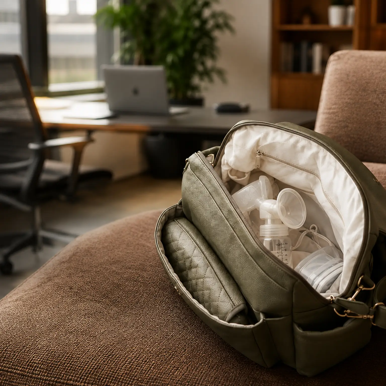 An open olive green bag with a breast pump and bottles sits on a brown couch in an office setting.