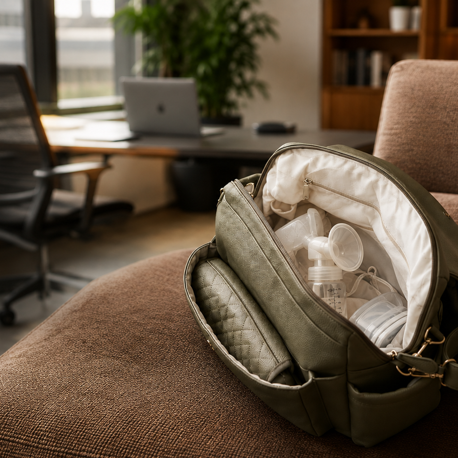 An open olive green bag with a breast pump and bottles sits on a brown couch in an office setting.