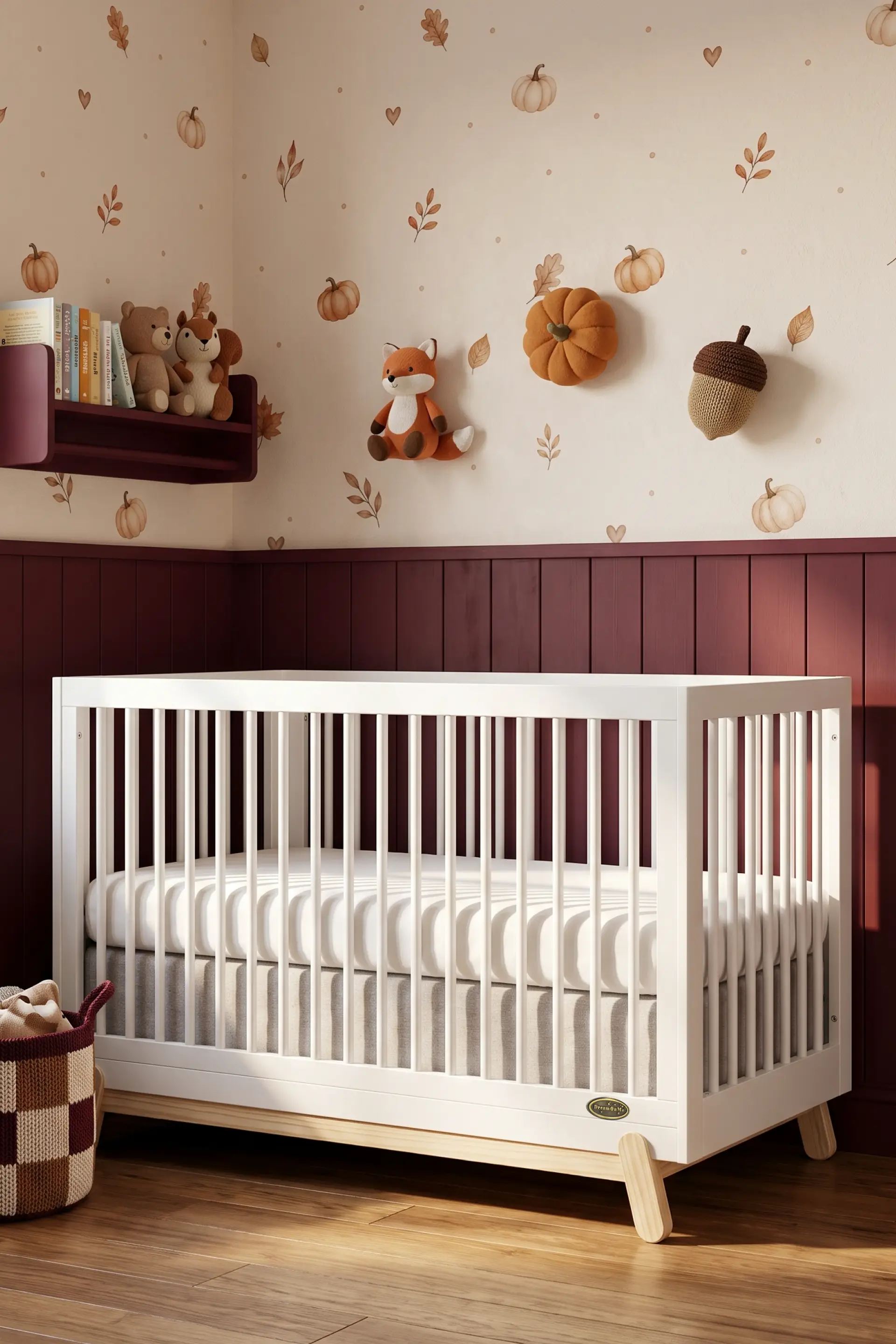 A bright nursery with a light wood crib, lemon and blue floral wallpaper, a framed lemon art print, a beige armchair, and a woven pouf on a white rug.