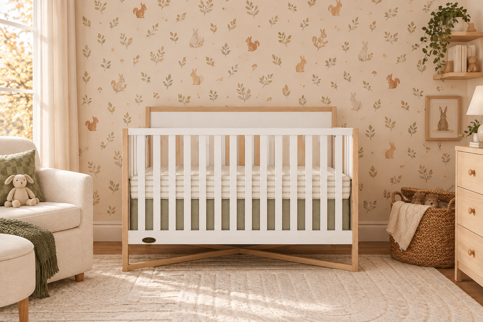 A neutral-toned nursery with a white and light wood crib, woodland animal wallpaper, and a cream armchair.