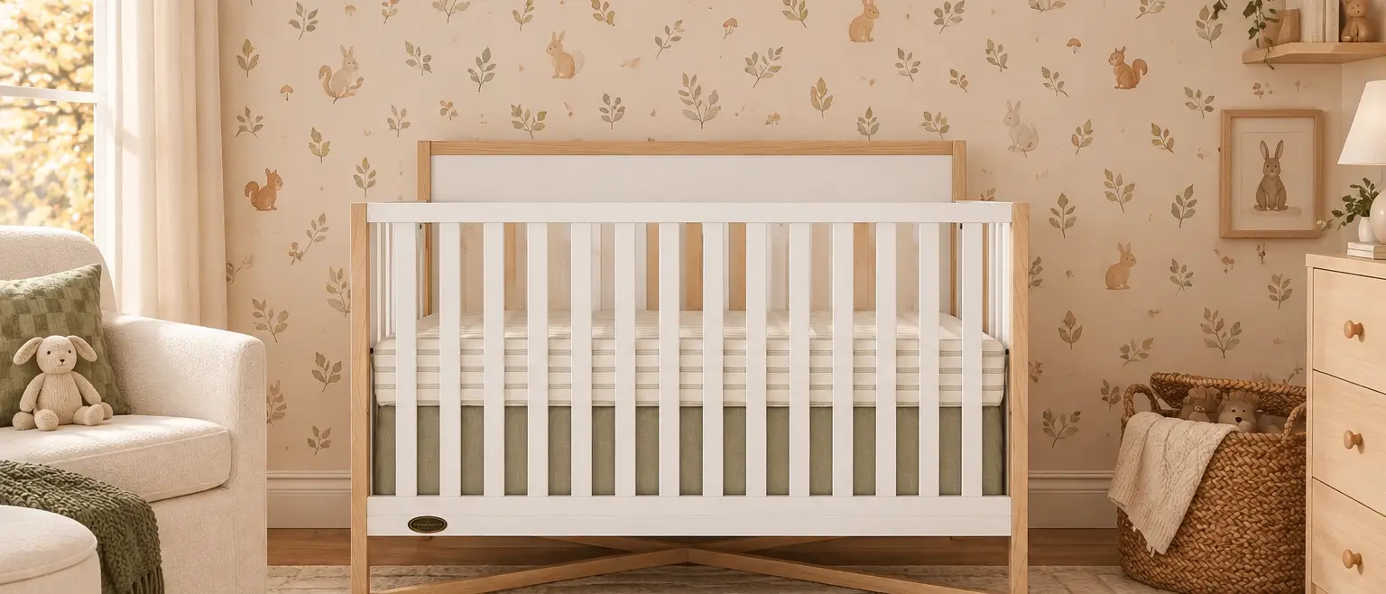 A neutral-toned nursery with a white and light wood crib, woodland animal wallpaper, and a cream armchair.