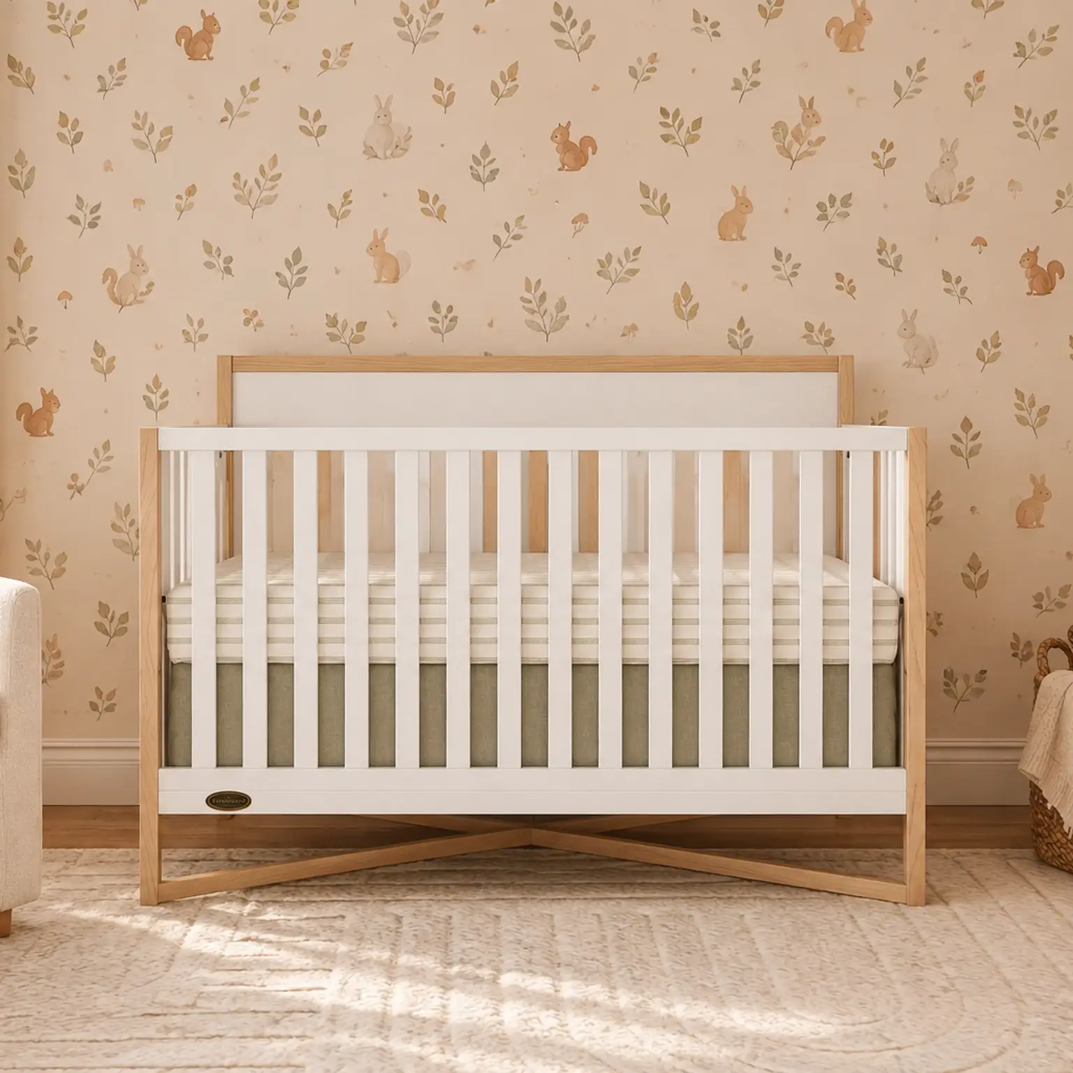 A neutral-toned nursery with a white and light wood crib, woodland animal wallpaper, and a cream armchair.