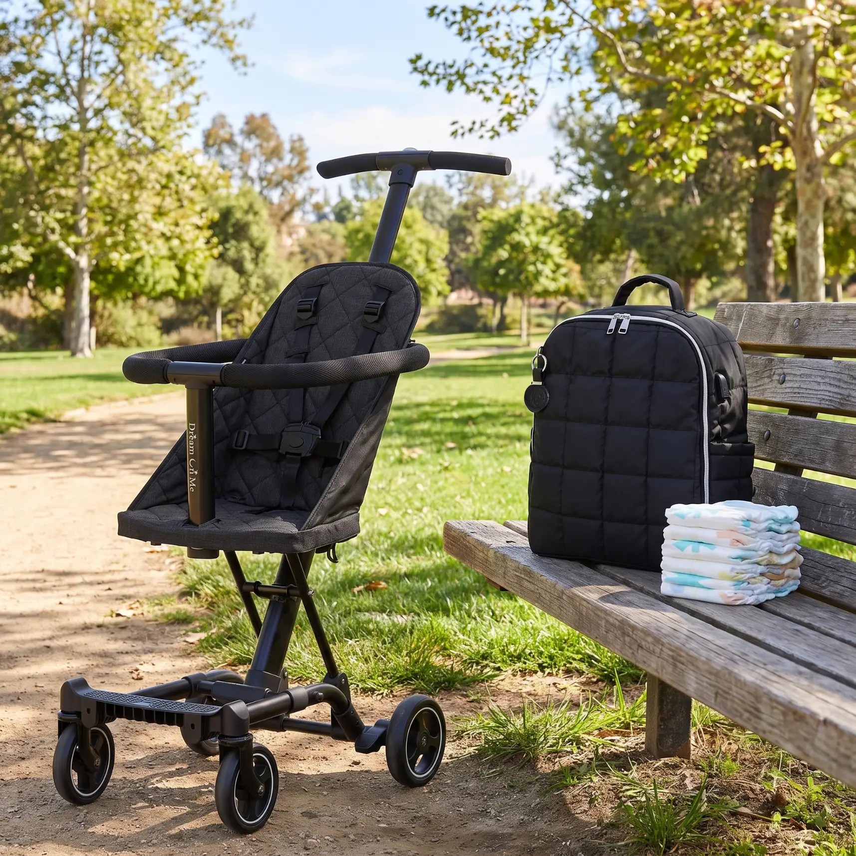 A black baby stroller stands next to a wooden park bench with a black quilted diaper bag and a stack of diapers.