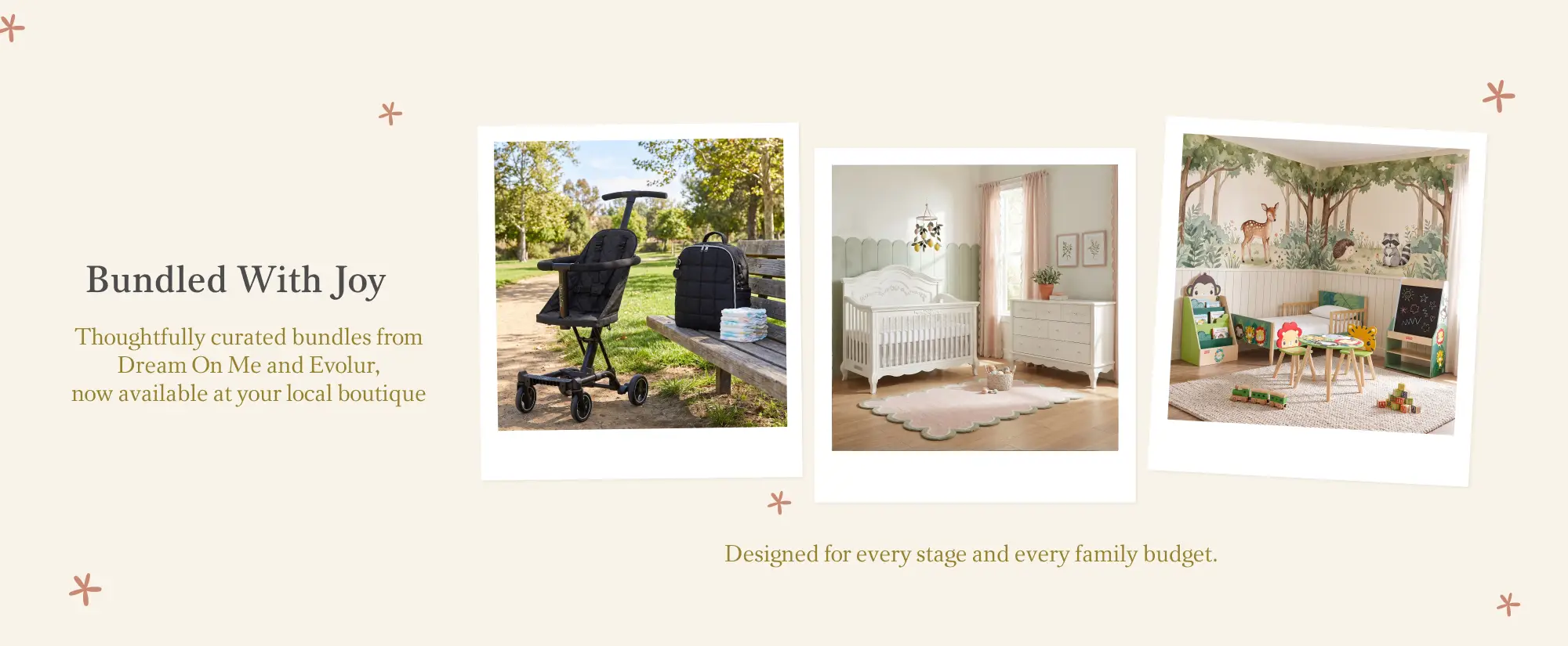 Bundled With Joy ad featuring a black stroller and diaper bag, a white baby nursery with crib and dresser, and a child's room with a forest mural, from Dream On Me and Evolur.