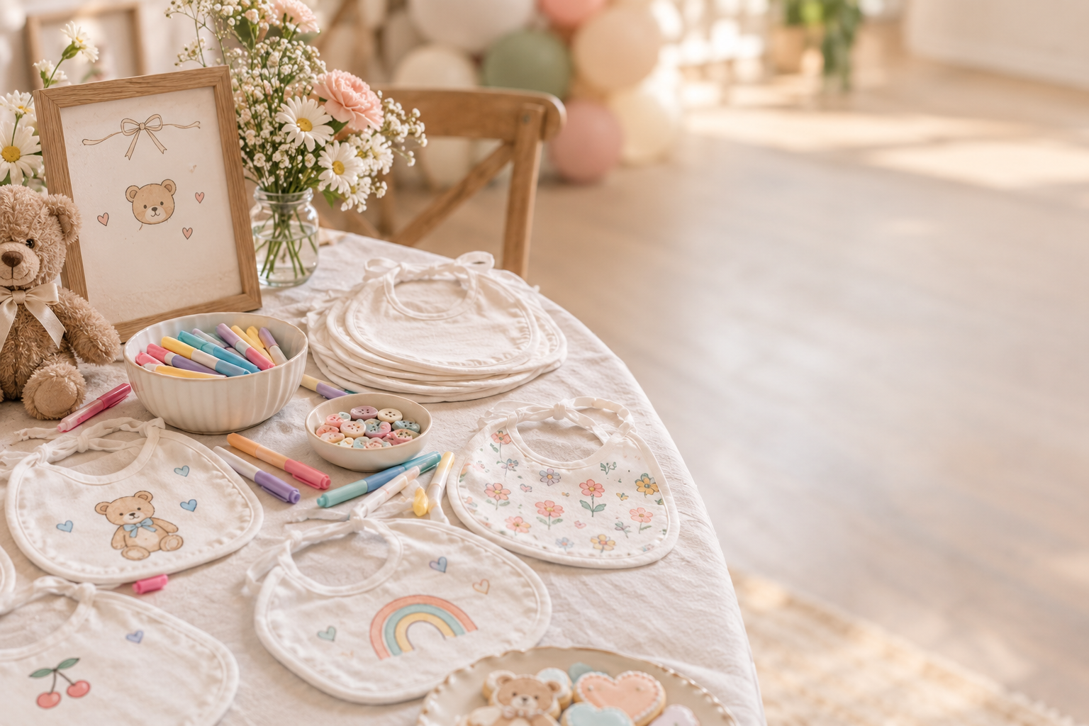 Cozy baby shower craft table with decorated baby bibs, pastel markers, teddy bear, flowers, cookies, and party décor in a warm, sunlit setting with open space on the righ