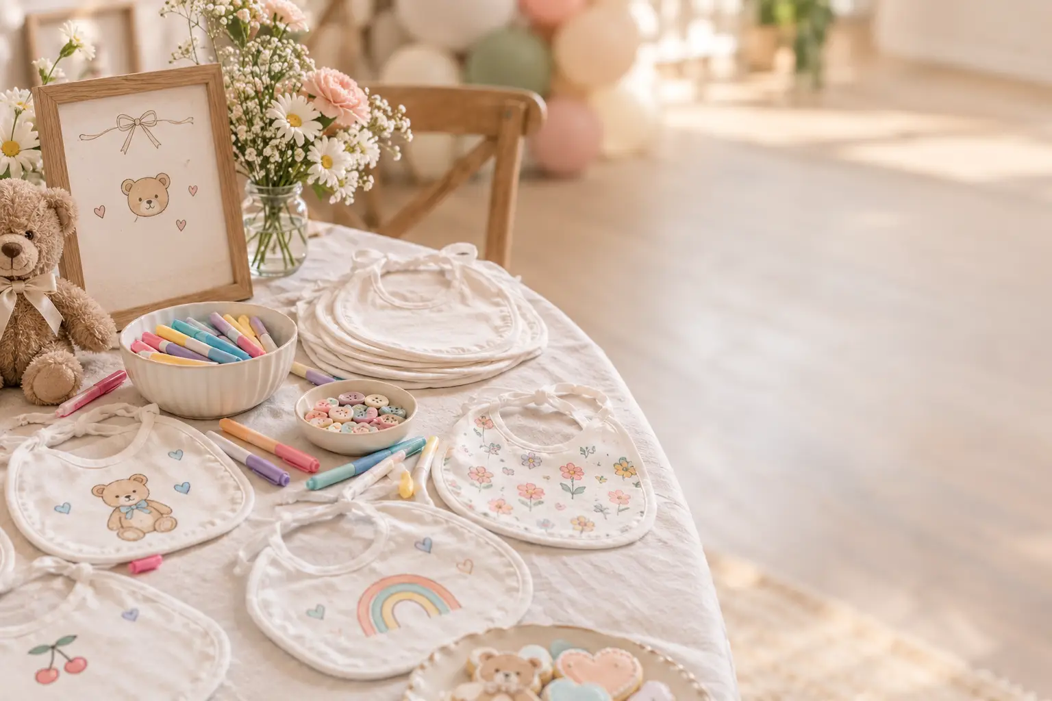 Cozy baby shower craft table with decorated baby bibs, pastel markers, teddy bear, flowers, cookies, and party décor in a warm, sunlit setting with open space on the righ