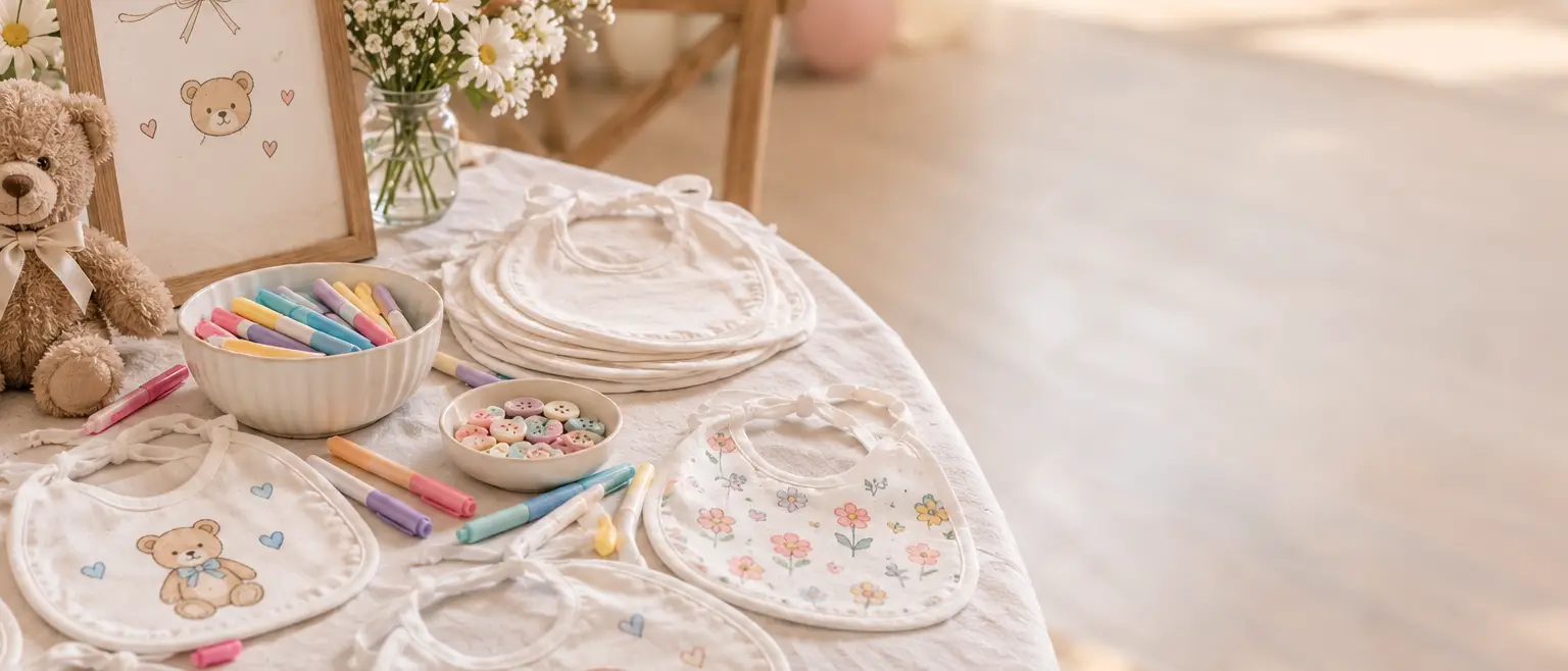 Cozy baby shower craft table with decorated baby bibs, pastel markers, teddy bear, flowers, cookies, and party décor in a warm, sunlit setting with open space on the righ