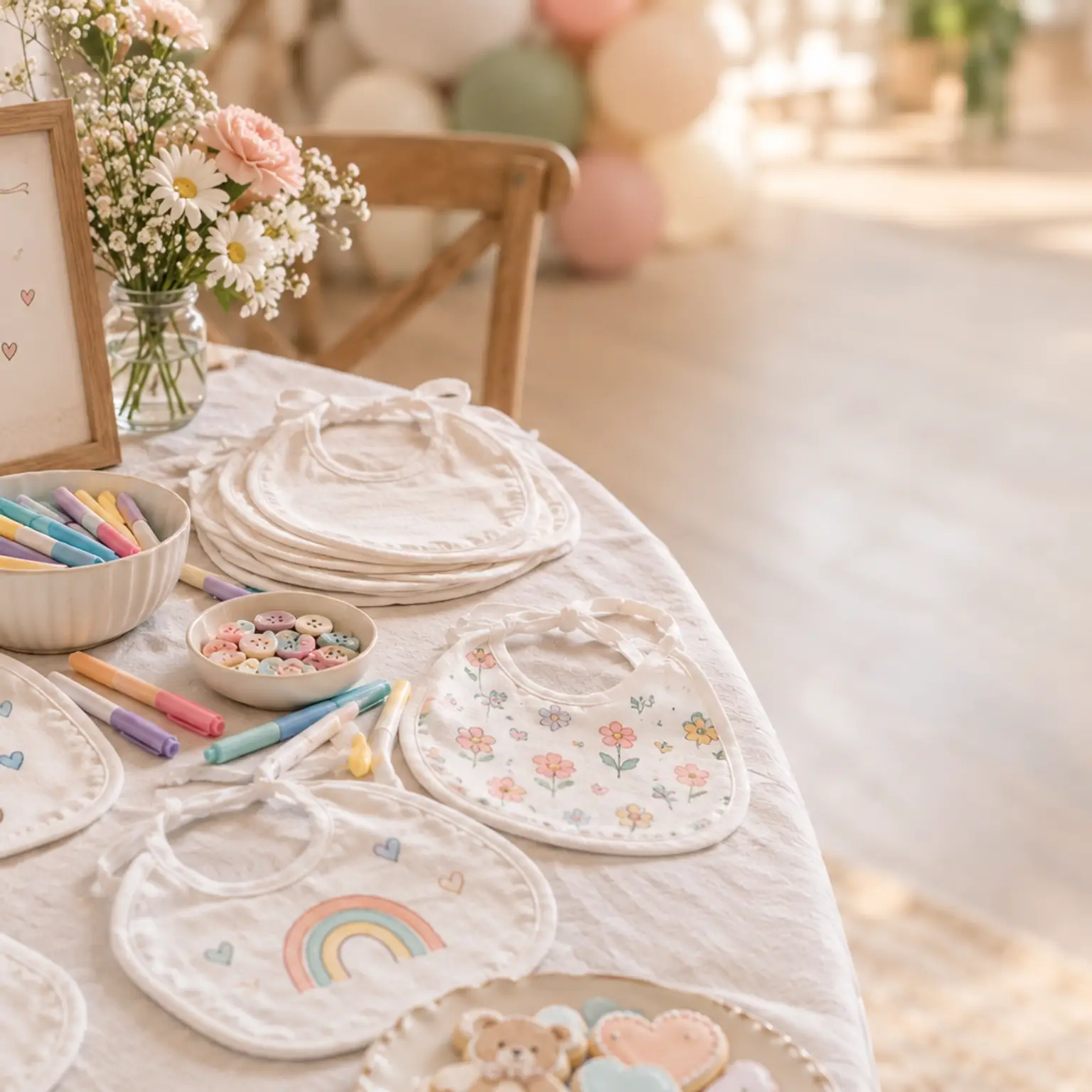 Cozy baby shower craft table with decorated baby bibs, pastel markers, teddy bear, flowers, cookies, and party décor in a warm, sunlit setting with open space on the righ