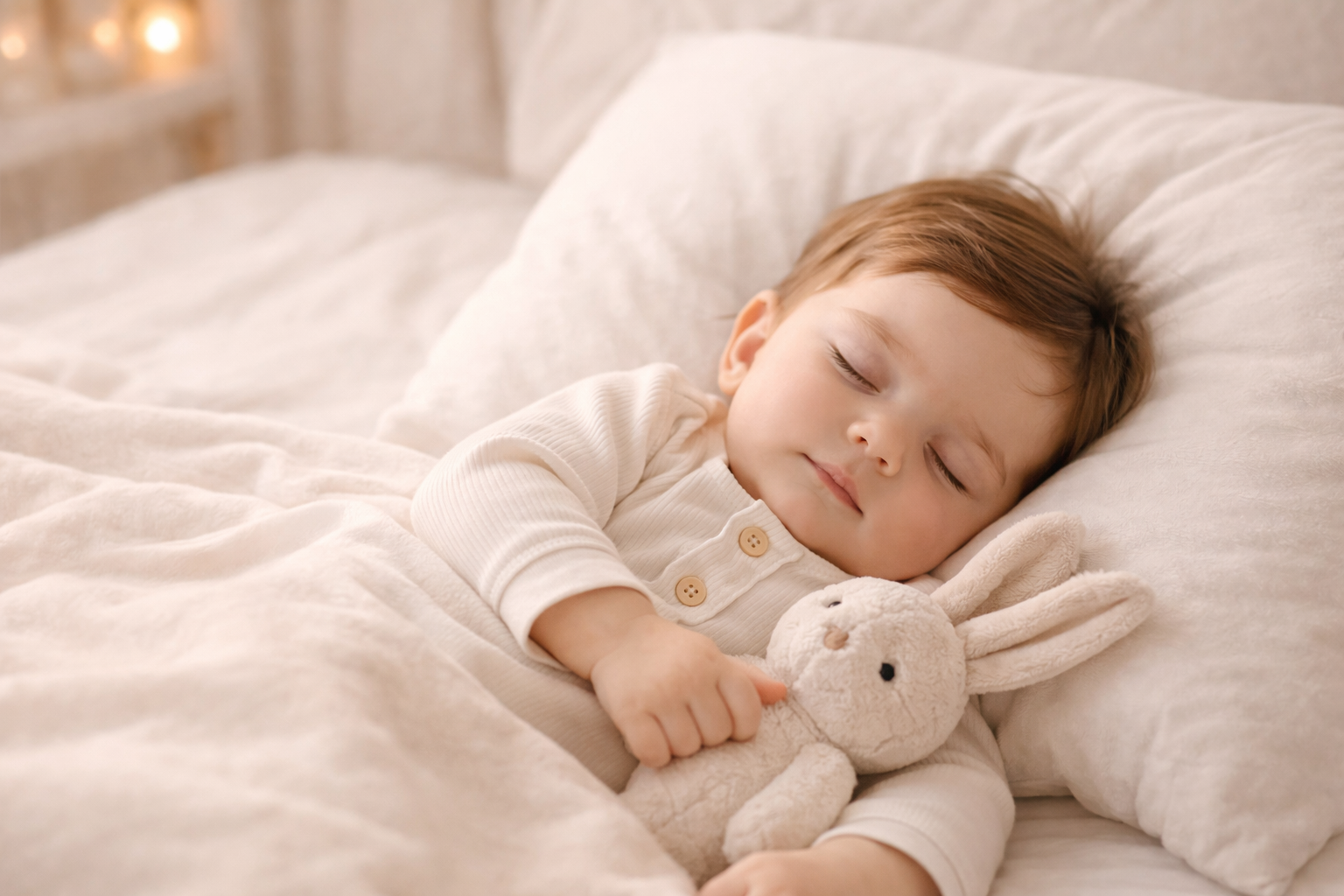 Sleeping baby in a cozy bed holding a soft plush toy