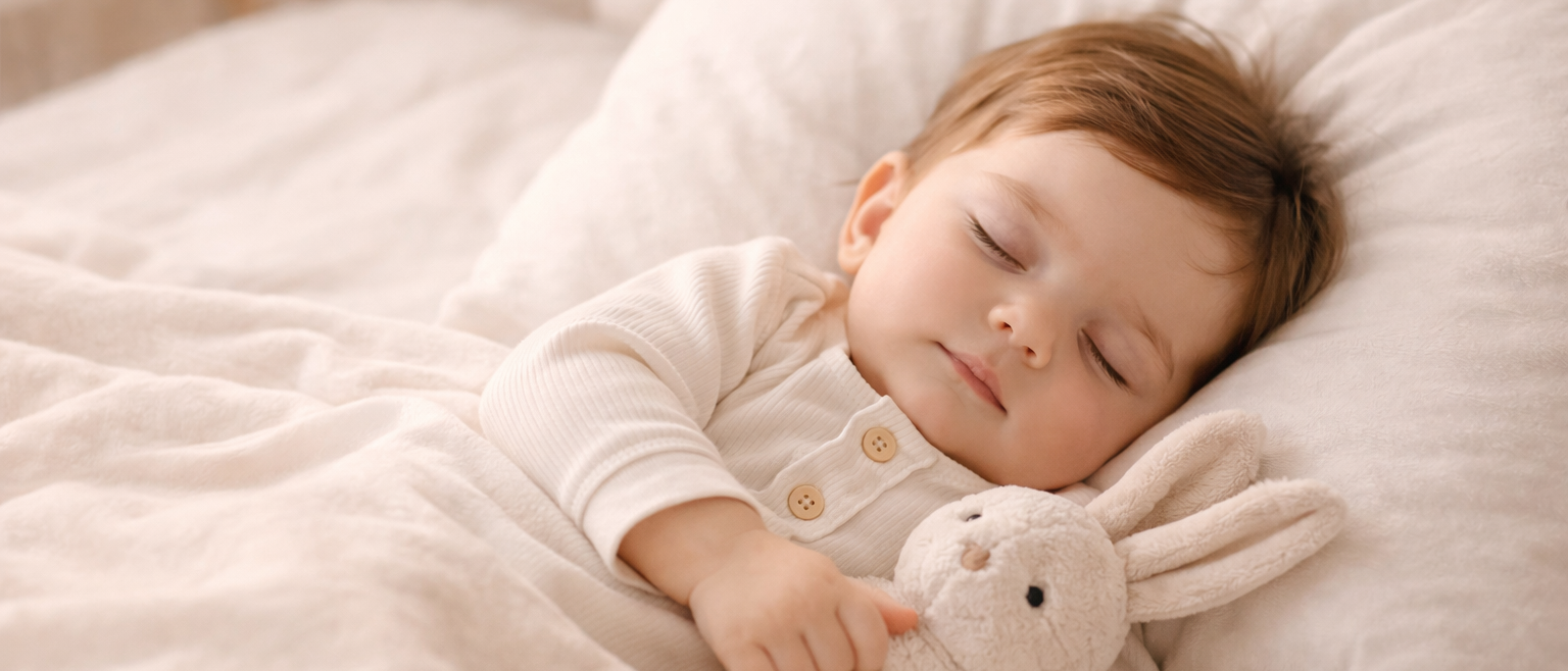 Sleeping baby in a cozy bed holding a soft plush toy