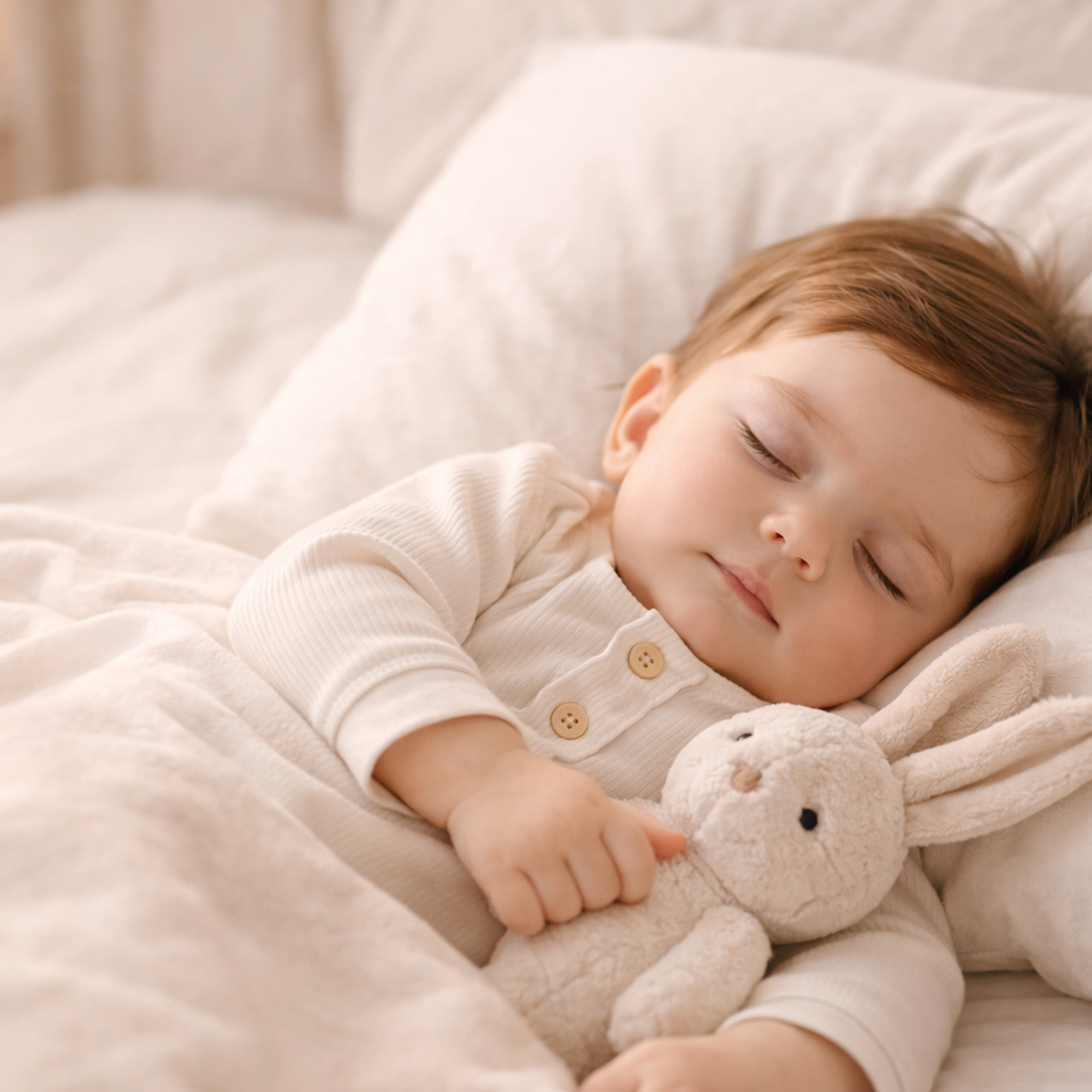 Sleeping baby in a cozy bed holding a soft plush toy
