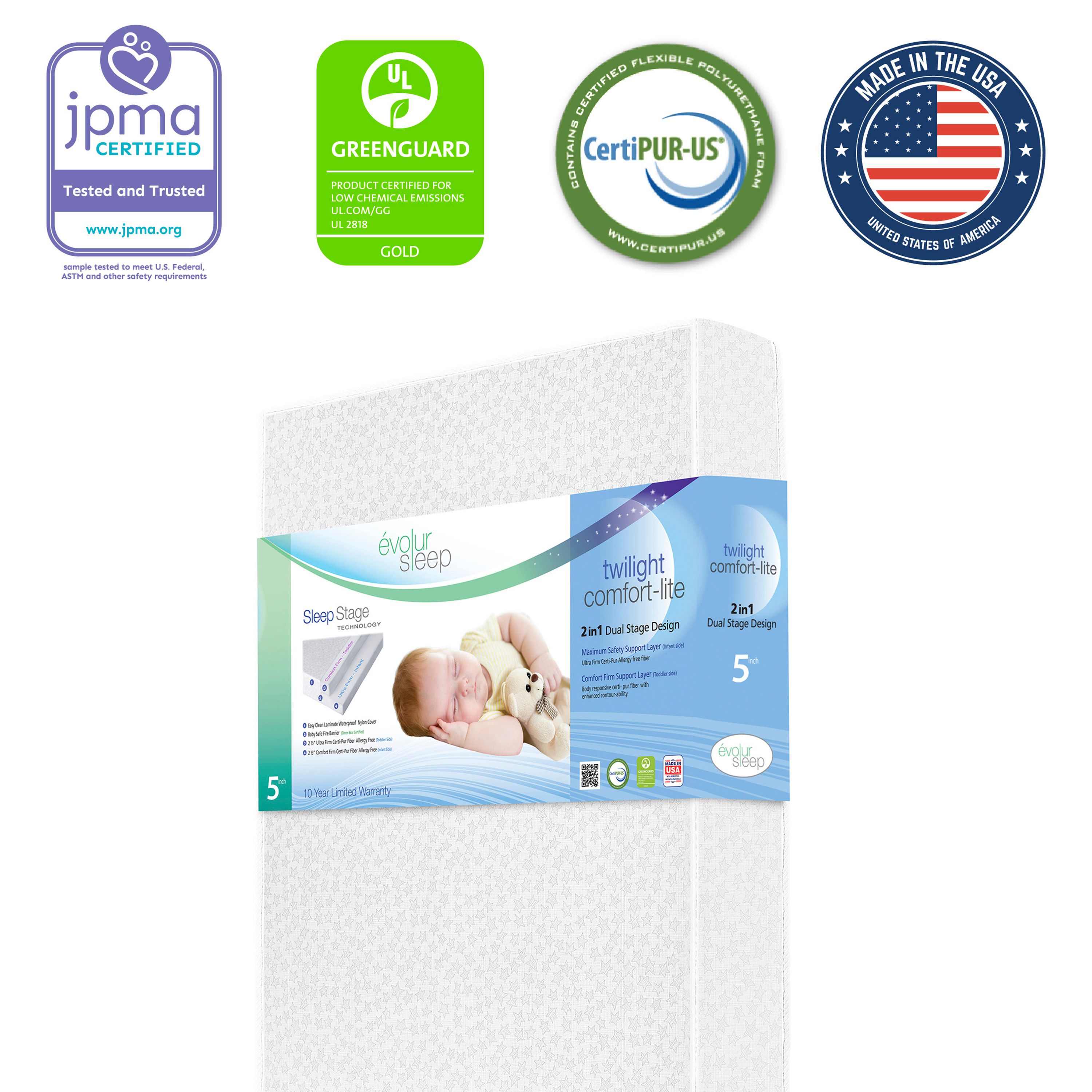 Greenguard Gold certified Evolur Sleep 5 inch foam baby mattress with dual stage comfort