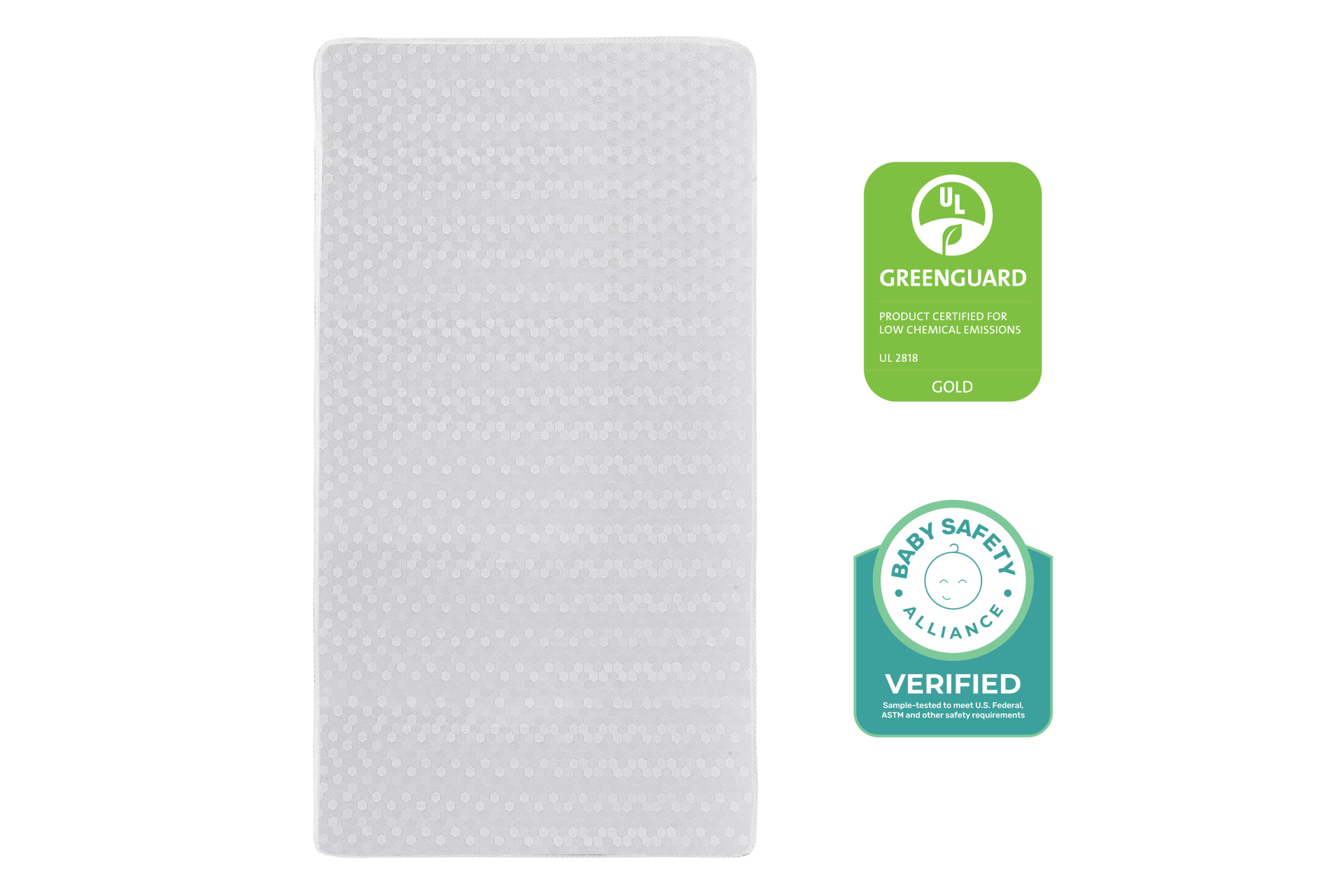 Dream On Me crib mattress with a textured dotted surface,GREENGUARD Gold and Baby Safety Alliance Verified for low chemical emissions and safety compliance.