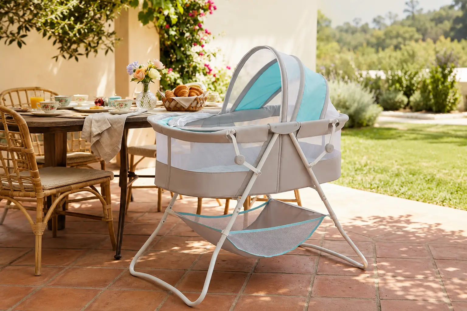 Portable baby bassinet set up on a sunny outdoor patio beside a brunch table, ideal for safe naps during family travel, outdoor gatherings, and summer adventures