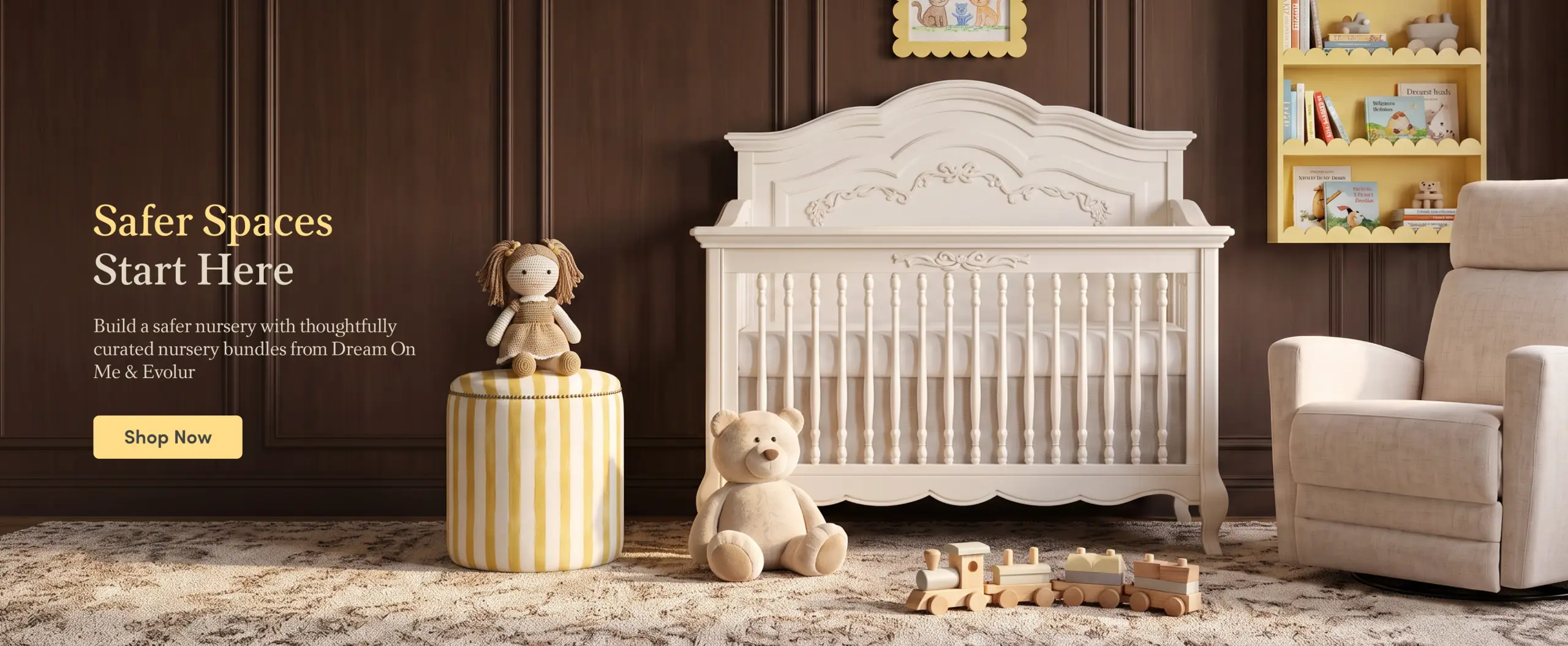 An elegant nursery featuring a white ornate crib, a beige glider, a striped ottoman with a doll, teddy bear, and wooden train, with the text "Safer Spaces Start Here."