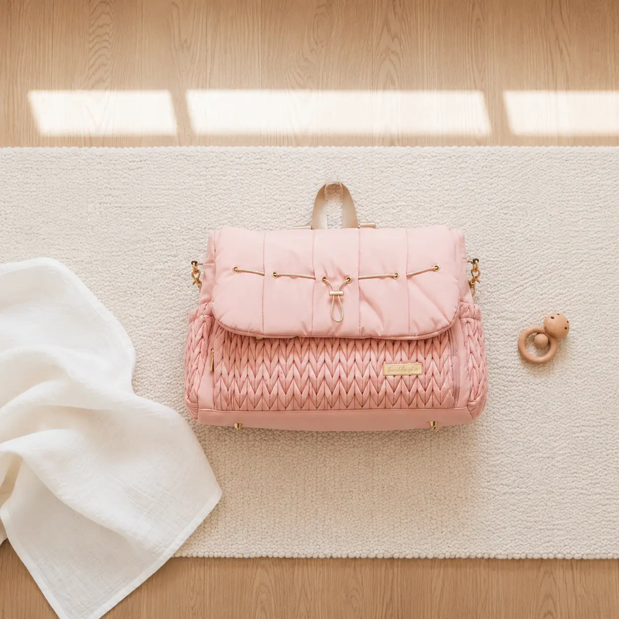 Stylish blush pink diaper bag displayed in a warm nursery setting, paired with soft linens