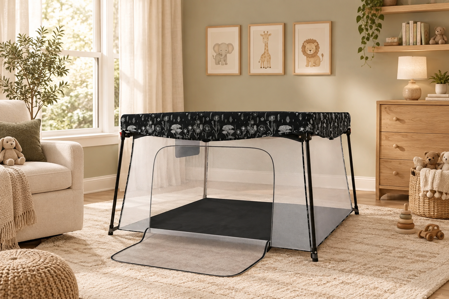 A black play yard with a black and white botanical pattern on its top rail and a zippered mesh side opening in a cozy nursery.