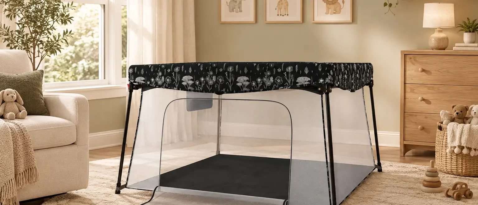 A black play yard with a black and white botanical pattern on its top rail and a zippered mesh side opening in a cozy nursery.