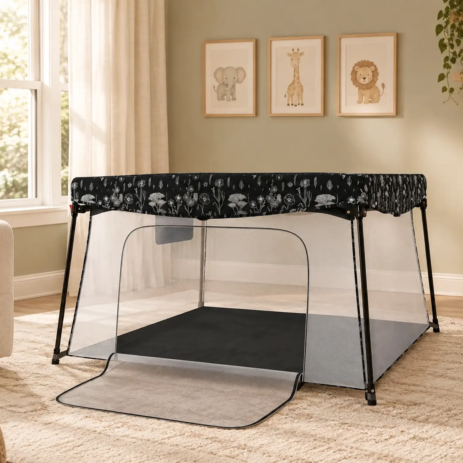 A black play yard with a black and white botanical pattern on its top rail and a zippered mesh side opening in a cozy nursery.