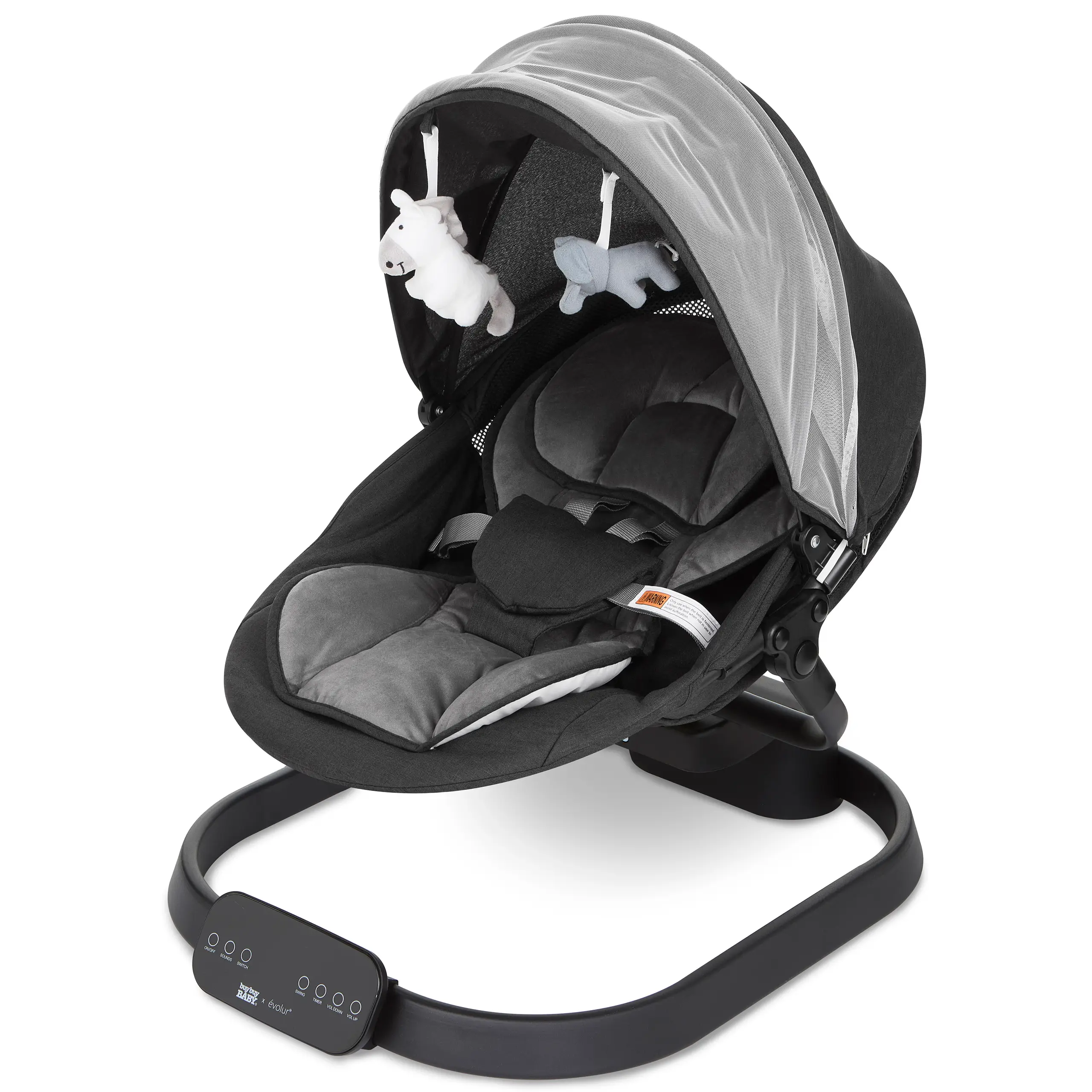 Evolur Comfort Cocoon baby Swing with adjustable recline, mesh canopy, and touch control panel