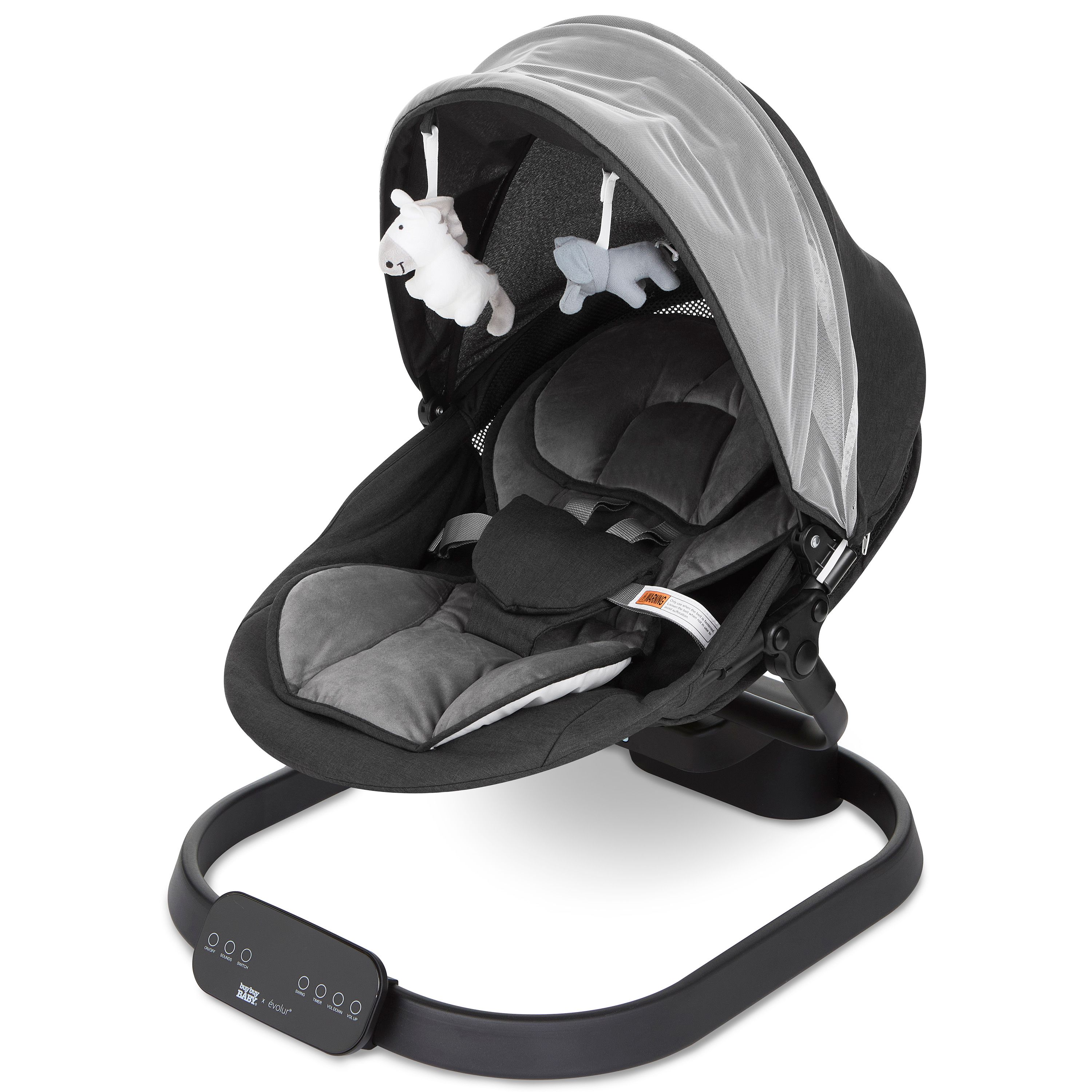 Evolur Comfort Cocoon baby Swing with adjustable recline, mesh canopy, and touch control panel