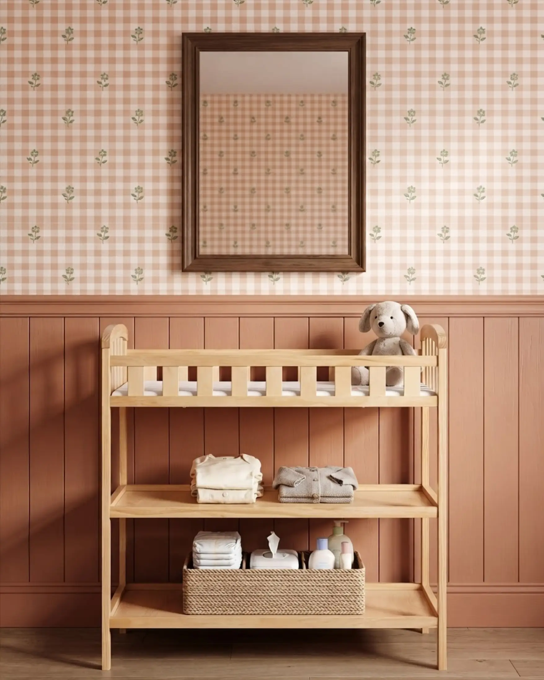 A light wooden baby changing table with supplies and a stuffed dog, set against peach gingham wallpaper and wainscoting with a mirror.