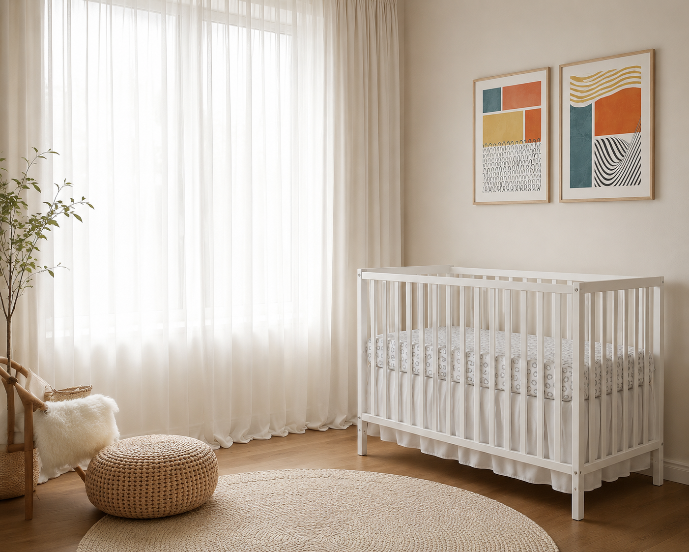 A minimal nursery with sheer curtains, a white crib, and soft neutral décor illuminated by natural light