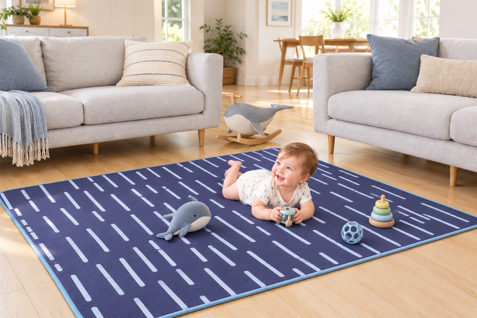 A smiling baby plays with toys on a blue patterned mat in a living room.