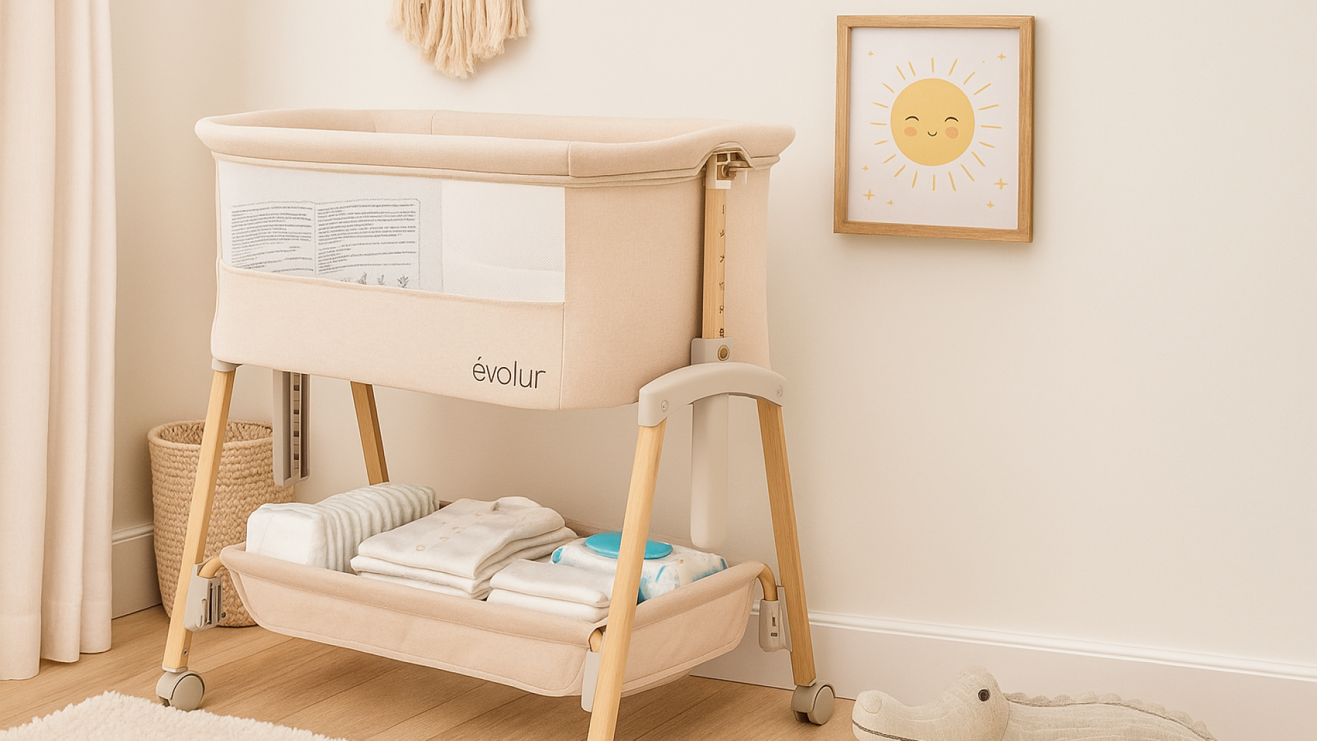 Evolur Lullaby bassinet with wooden legs and mesh sides, styled in a cozy nursery with folded baby clothes underneath, a smiling sun wall art, and a plush crocodile toy on the floor.