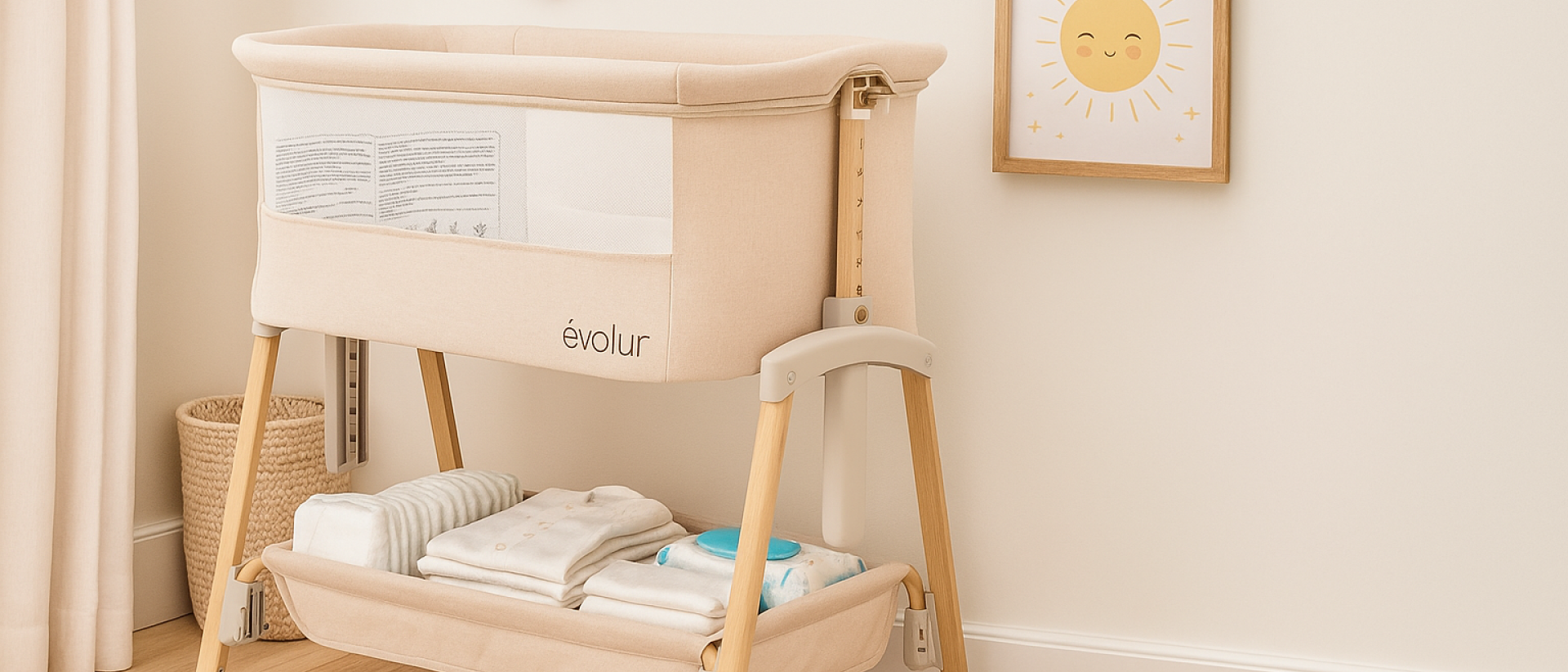 Evolur Lullaby bassinet with wooden legs and mesh sides, styled in a cozy nursery with folded baby clothes underneath, a smiling sun wall art, and a plush crocodile toy on the floor.