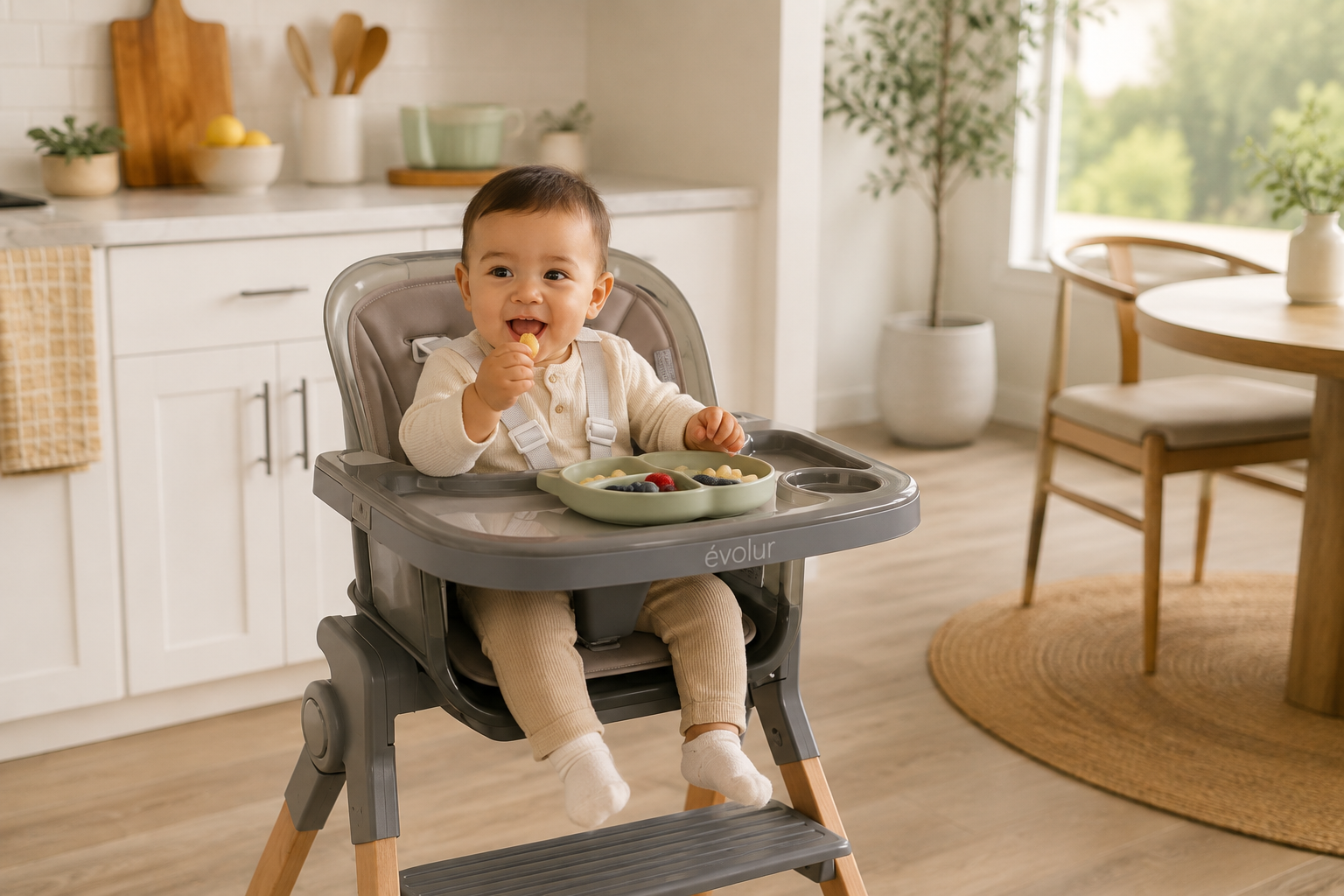 Happy baby in a gray high chair eating fruit from a green divided plate.