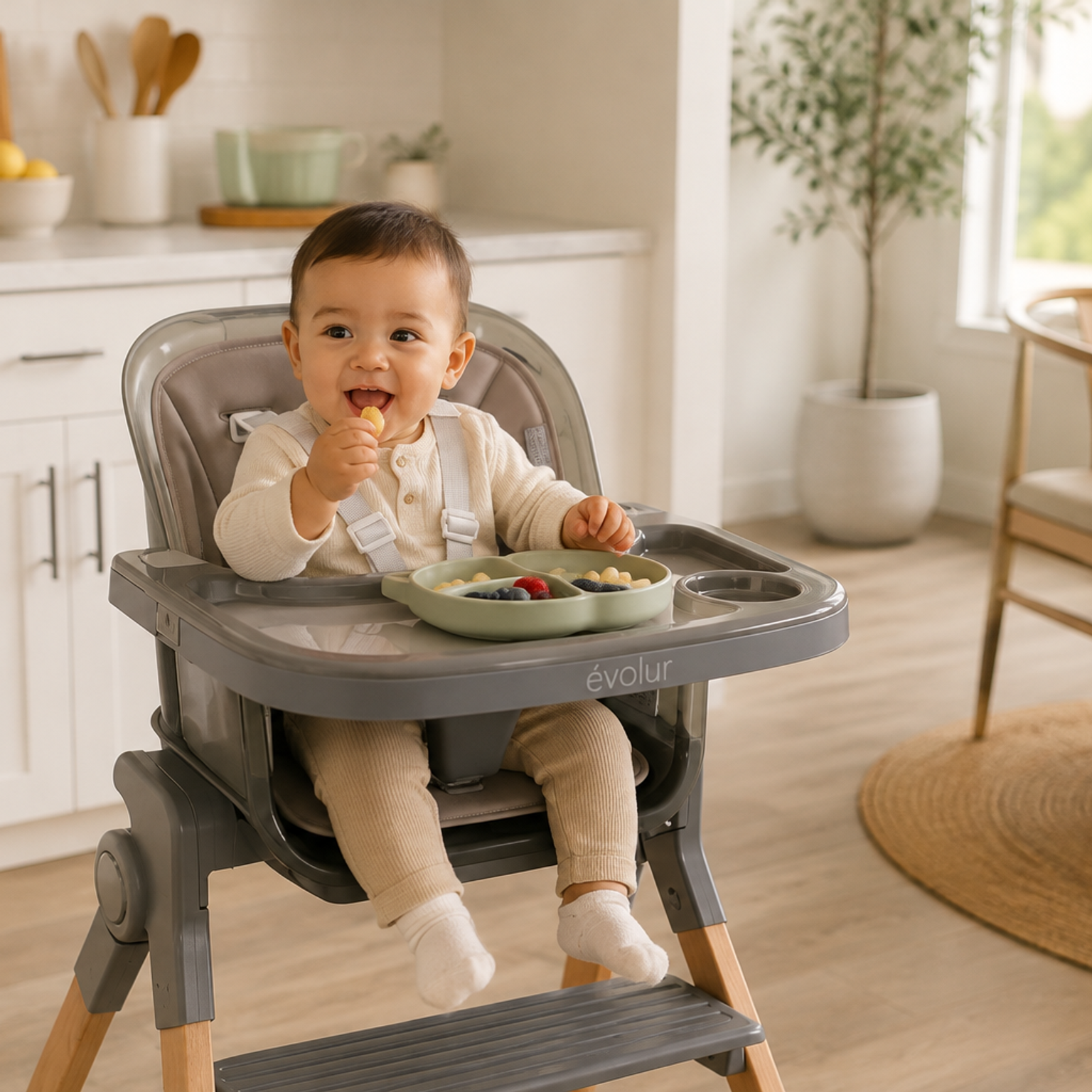 Happy baby in a gray high chair eating fruit from a green divided plate.