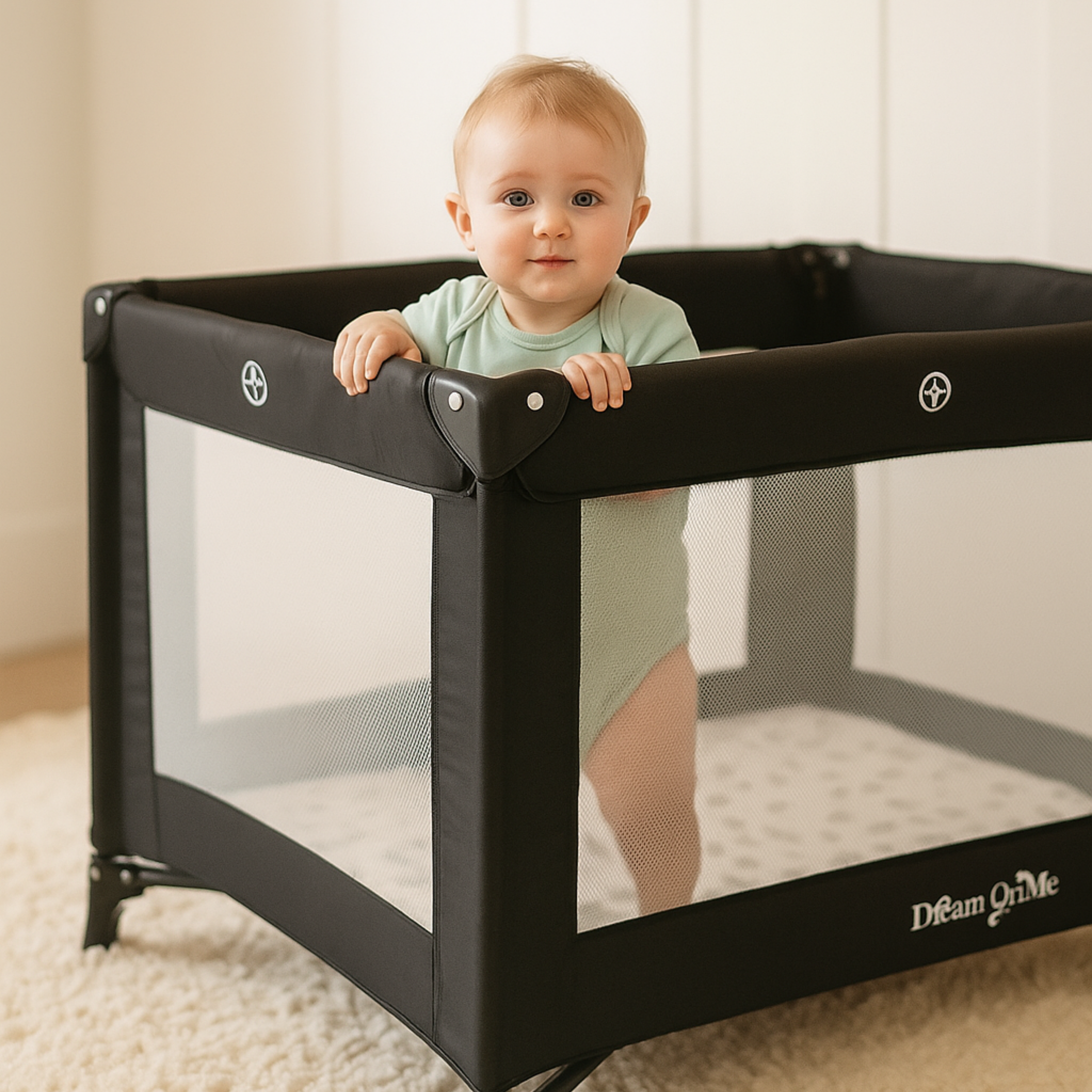 Baby standing in Dream On Me Nest Portable Play Yard placed in a calm nursery setting